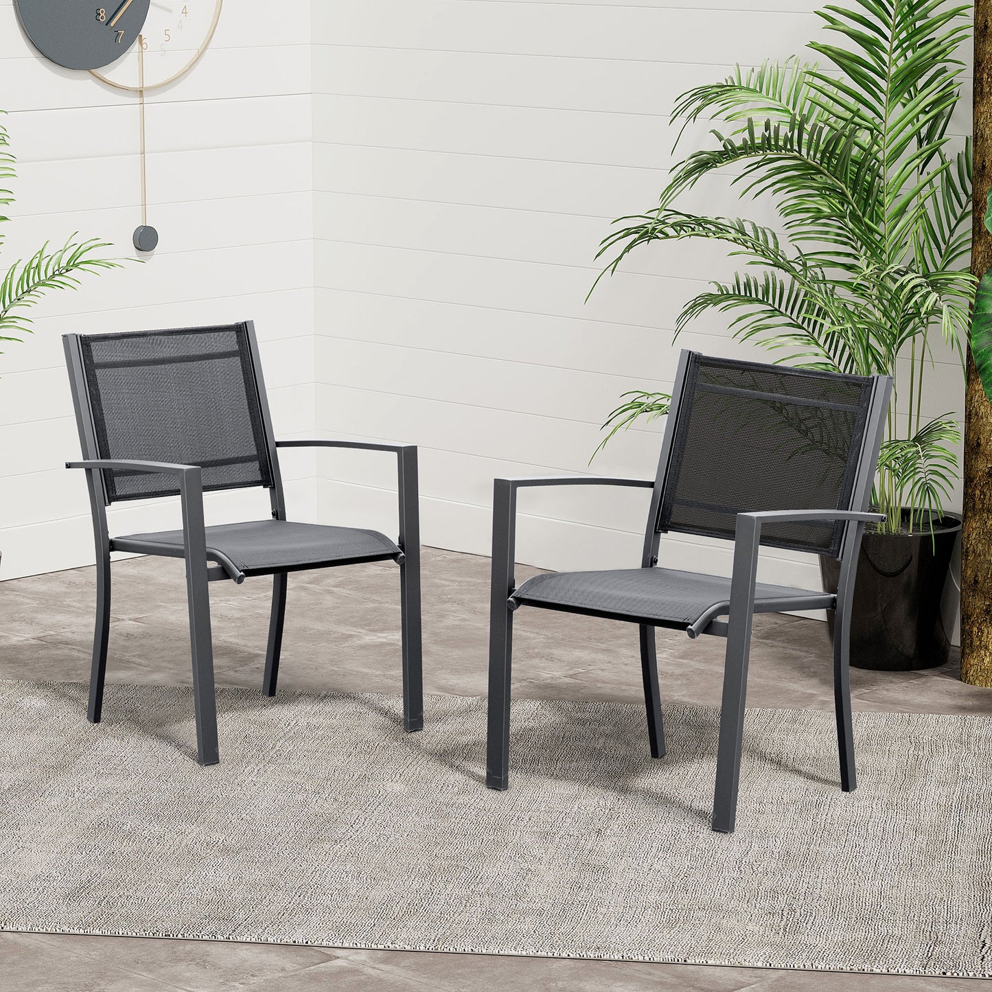 Outsunny Garden Chairs Set Of 2 Outdoor Chairs Steel Frame Texteline Seats Camping Fishing Patio Balcony Dark Grey Black - ALL4U RETAILER LTD