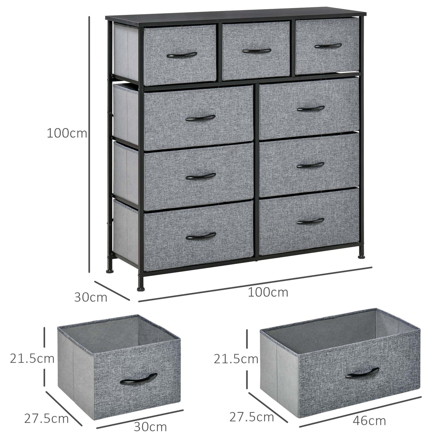 HOMCOM 9-Drawer Fabric Storage Chest with Easy-Pull Bins for Bedroom and Entryway - Black & Grey - ALL4U RETAILER LTD