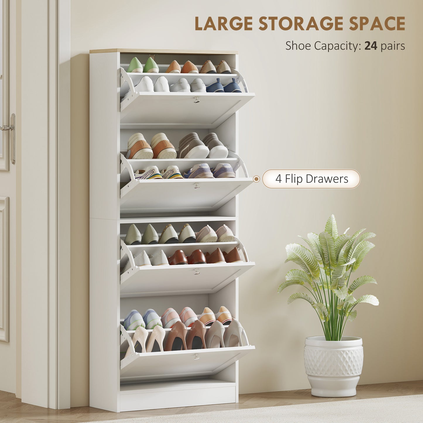HOMCOM Modern Four Drawer Shoe Storage Cabinet White With Adjustable Shelves Holds 24 Pairs