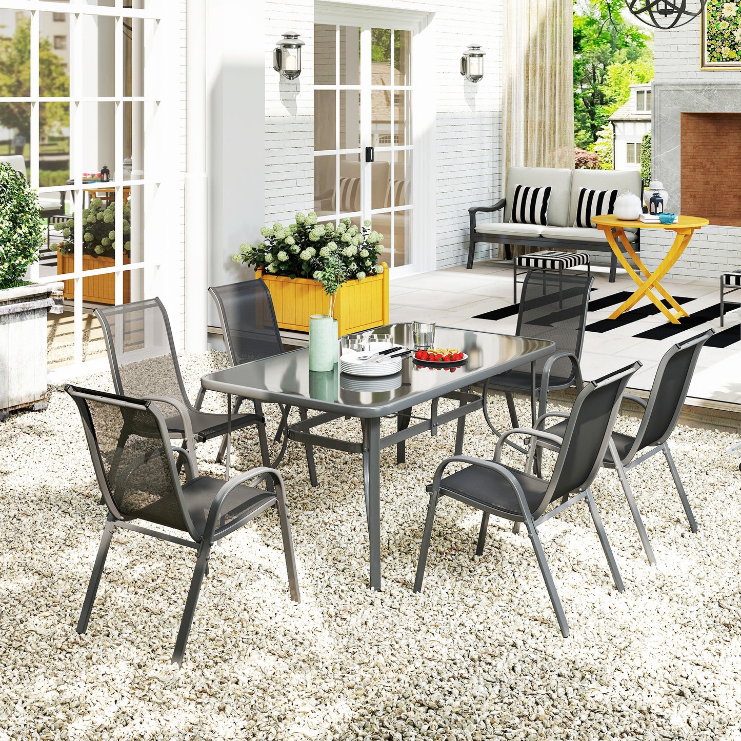 Outsunny Seven Piece Outdoor Dining Set Charcoal Grey With Round Glass Top Table Umbrella Hole Rust Resistant