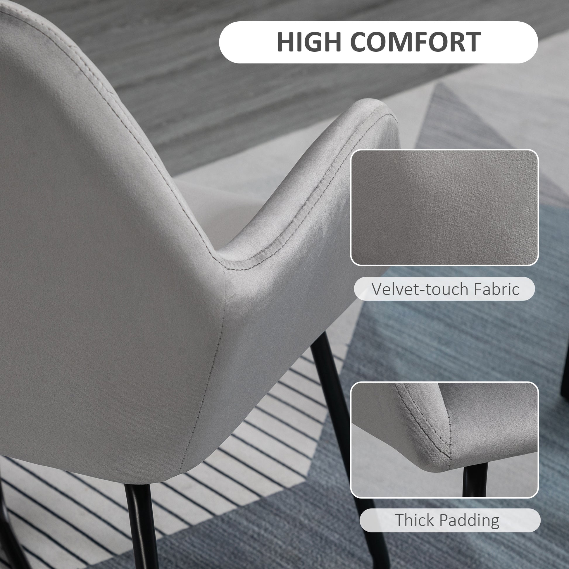 HOMCOM Modern Accent Chair Velvet-Feel Fabric Upholstered Armchair Metal Base Living Room Set 2 Grey - ALL4U RETAILER LTD