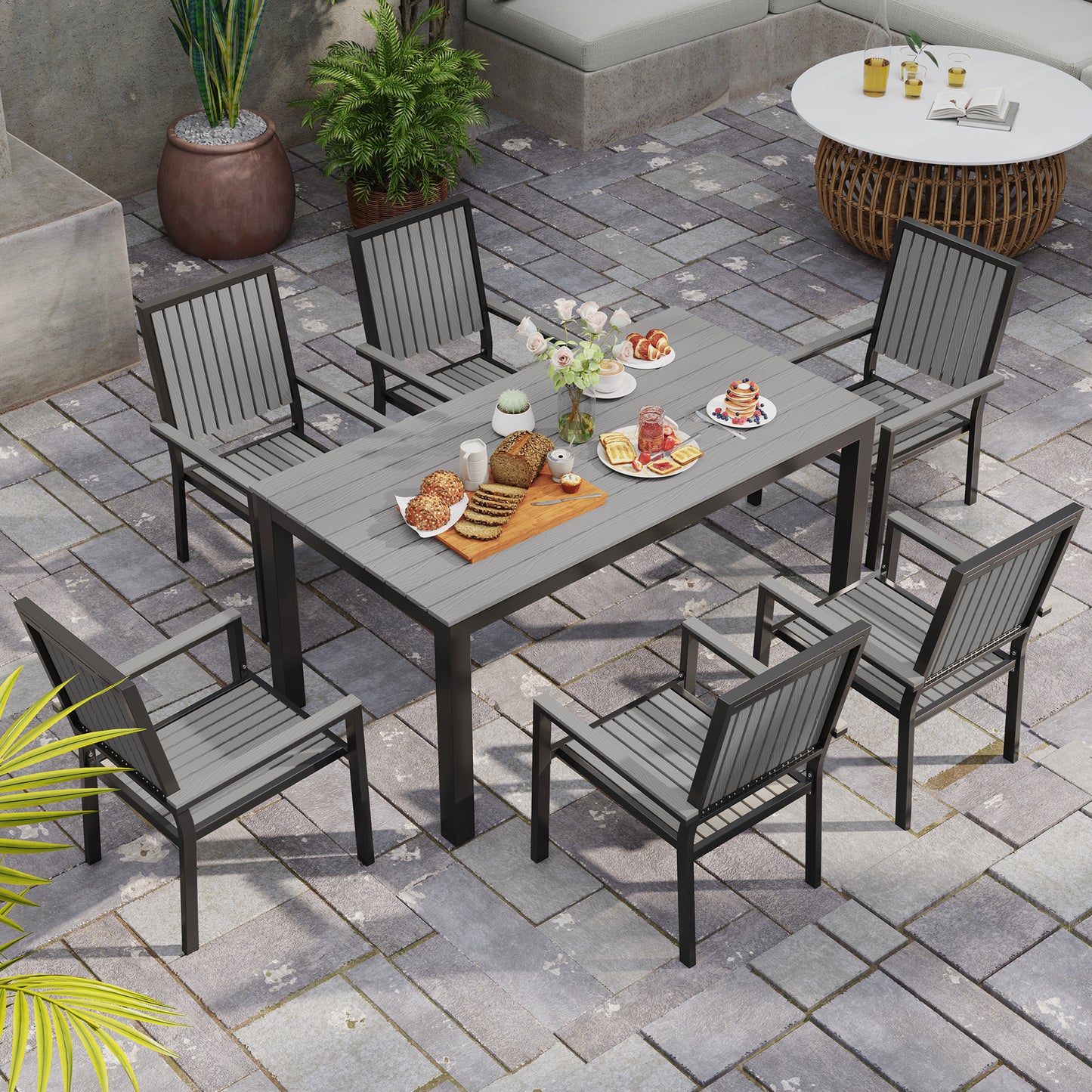 Outsunny 6 Seater Garden Dining Set With Stackable Chairs Aluminium Frame Rectangular Plastic Top Outdoor Patio Grey