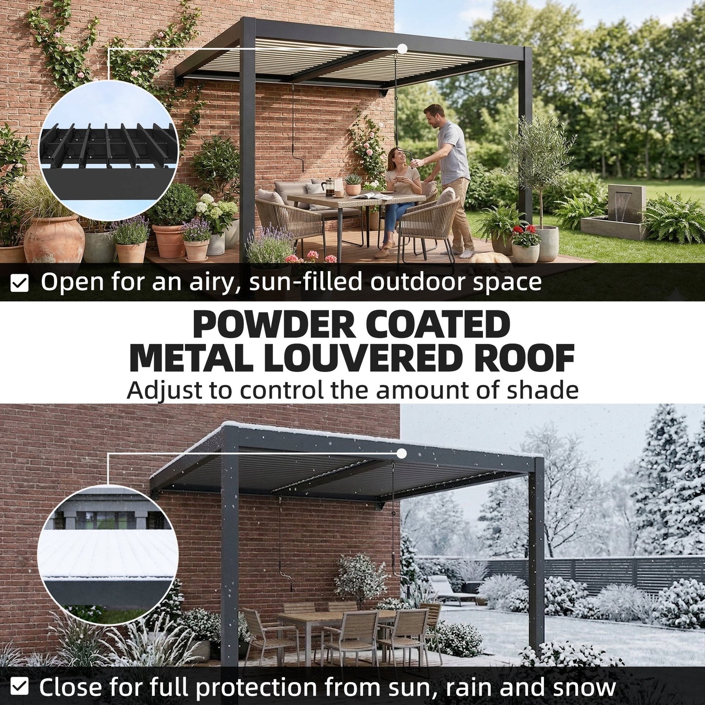 Outsunny 3 By 3 M Louvered Pergola With LED Lights Wall Mounted Aluminium Patio Gazebo Dark Grey
