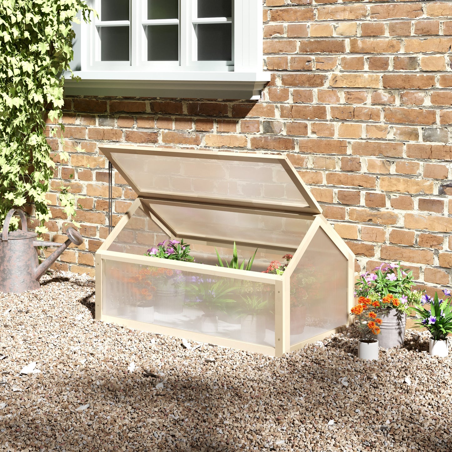Outsunny Wooden Cold Frame Grow House With Openable Top Cover Polycarbonate Panels Flowers Vegetables 90x52x50cm