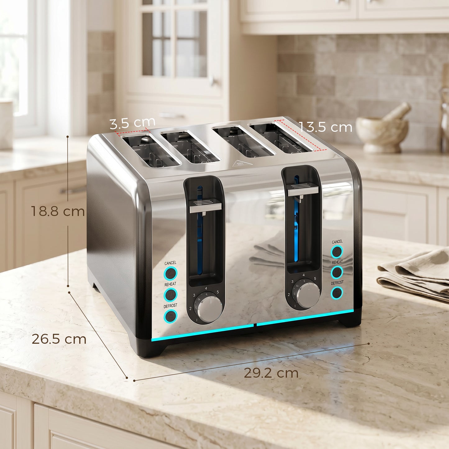 HOMCOM 4 Slice Toaster with 7 Browning Levels Reheat Defrost and Cancel Functions for Even Toasting