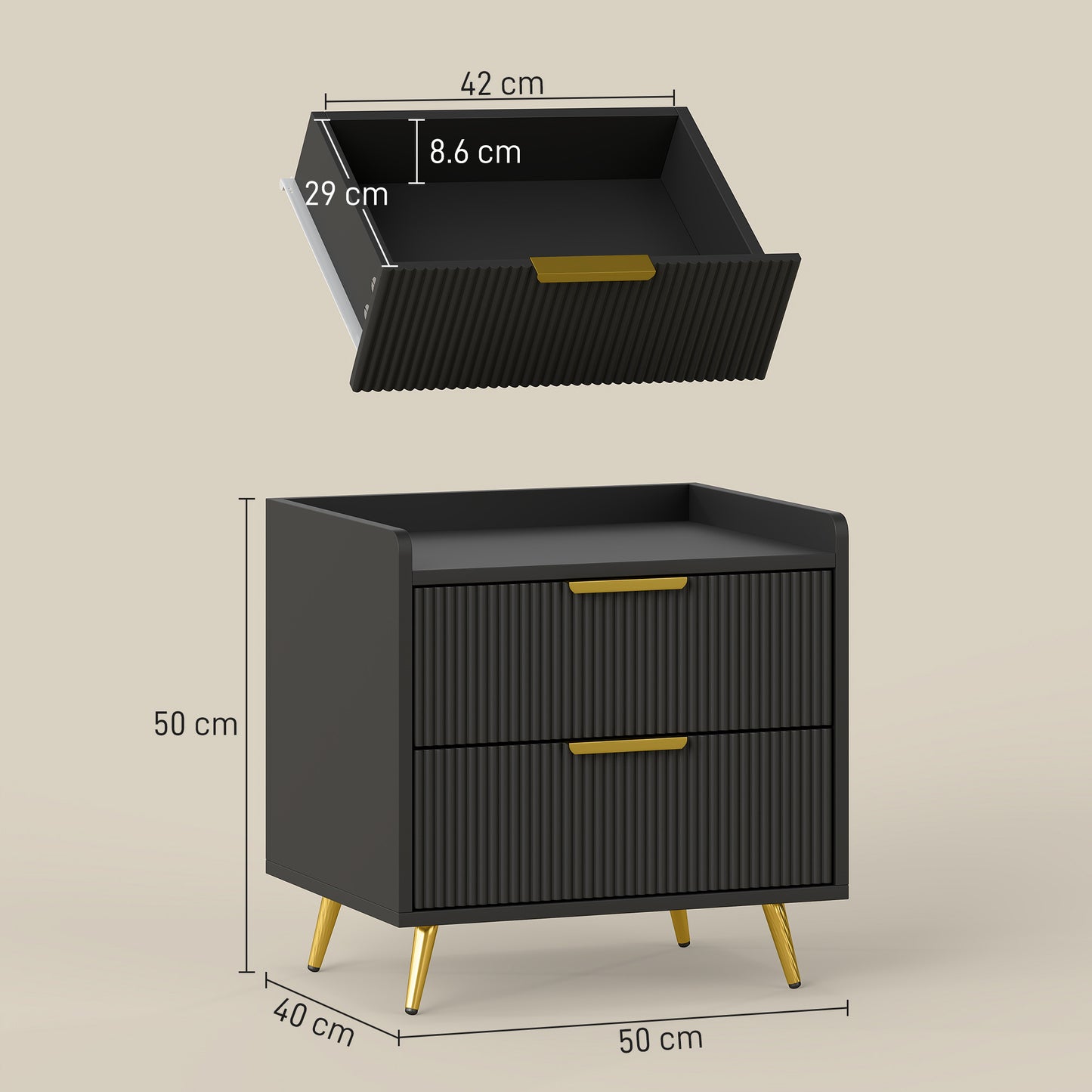 HOMCOM Black Two Drawer Bedside Table Nightstand With Ridged Fronts And Gold Handles