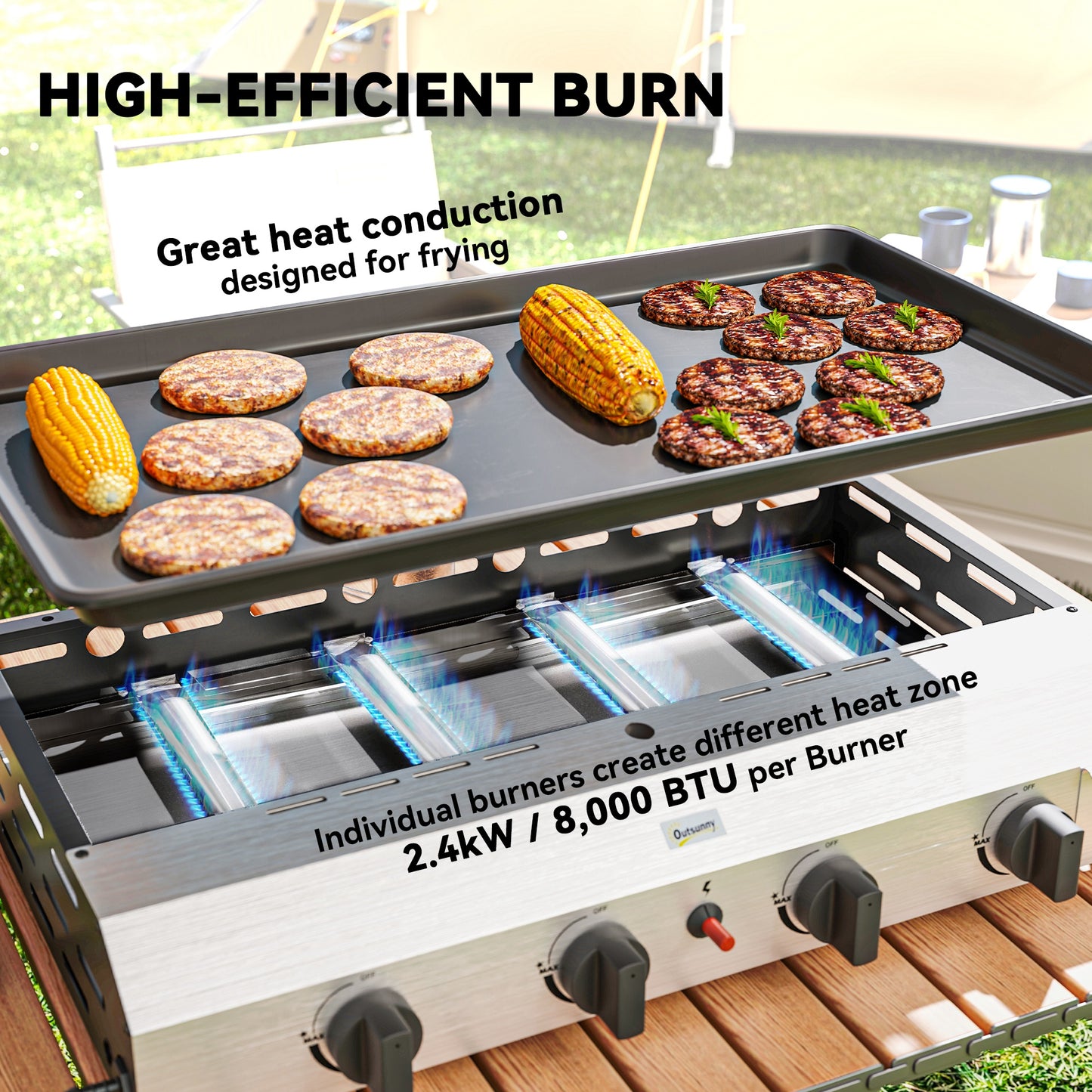Outsunny Four Burner Portable Gas Grill With Pull Out Grease Box And Adjustable 2.4kW Burners
