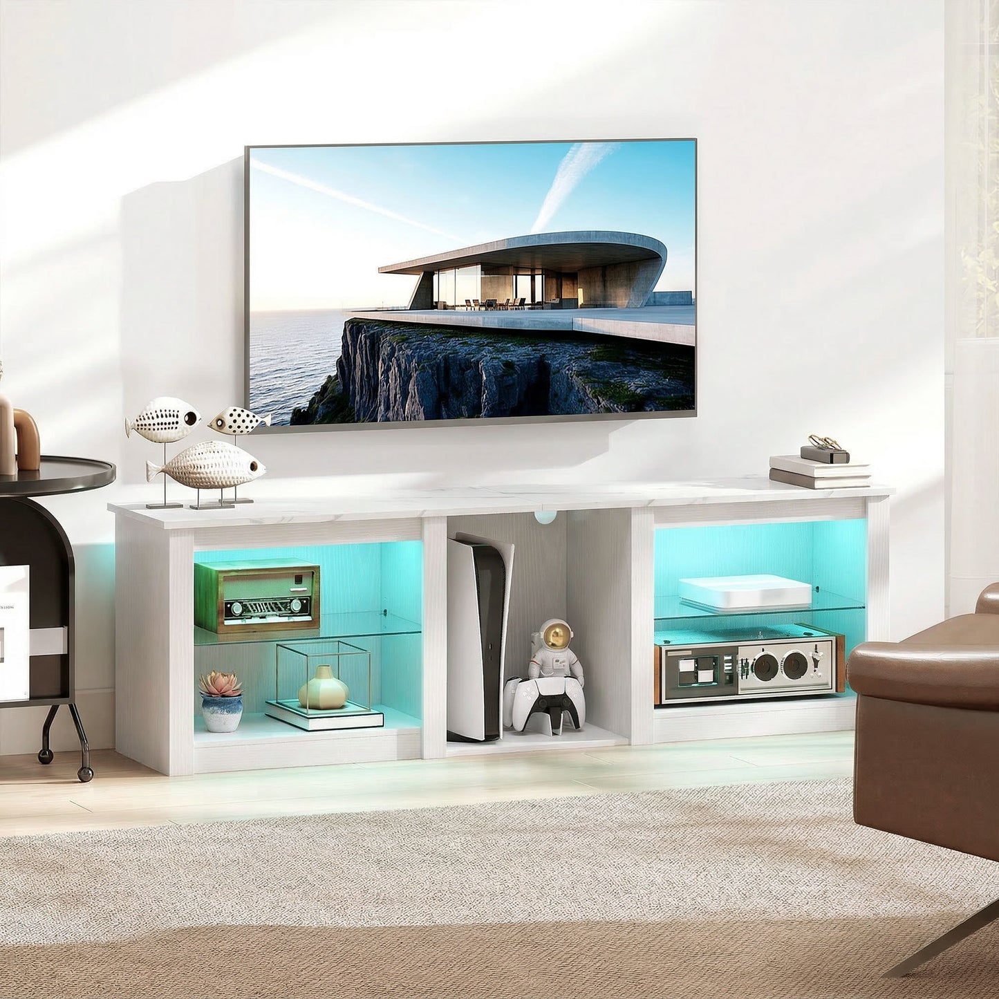 HOMCOM 70 Inch TV Stand With USB Powered RGB LED Lights And Ample White Storage With Five Compartments