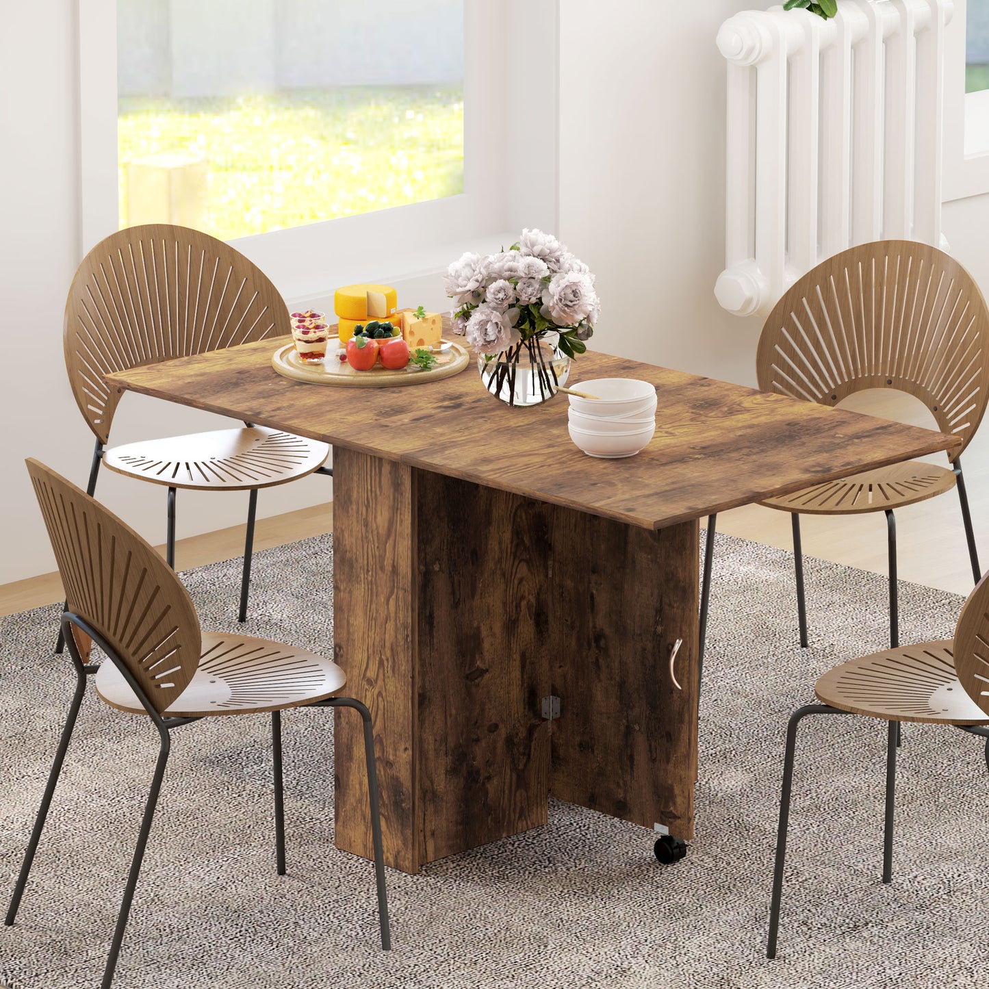 HOMCOM Folding Dining Table 80-140 Cm For 4-6 People Drop Leaf With 2-Tier Shelves And Rolling Casters Rustic Brown