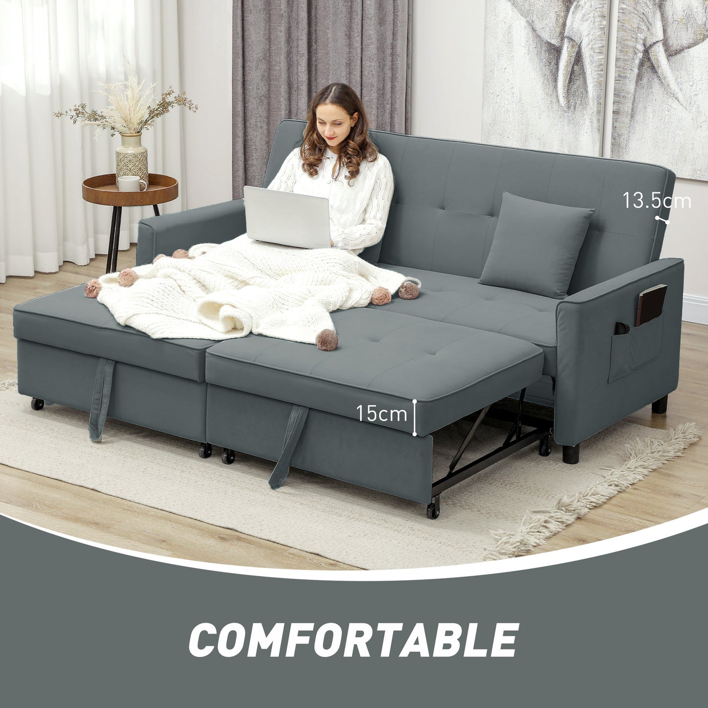 HOMCOM Luxurious Three Seater Velvet Feel Sofa Bed Grey With Click Clack Mechanism Wheels And Pull Handles