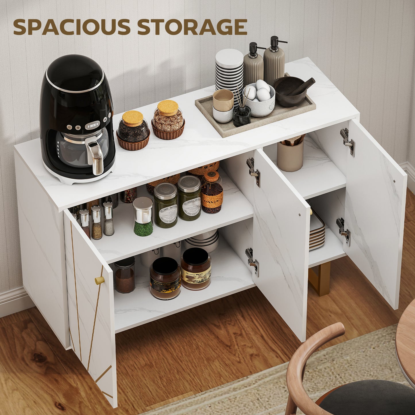 HOMCOM White Marble Tone Sideboard Cabinet With Adjustable Shelves And Metal Legs For Living Room Kitchen Dining Hallway