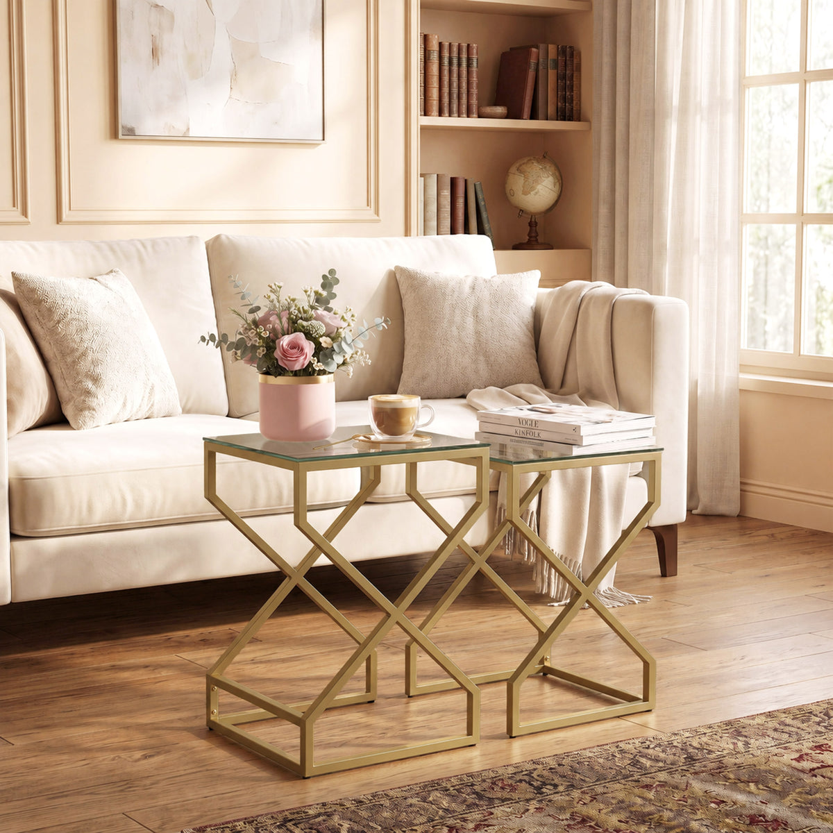 HOMCOM Set Of 2 Nesting Side Tables With Tempered Glass Tops And Steel Legs