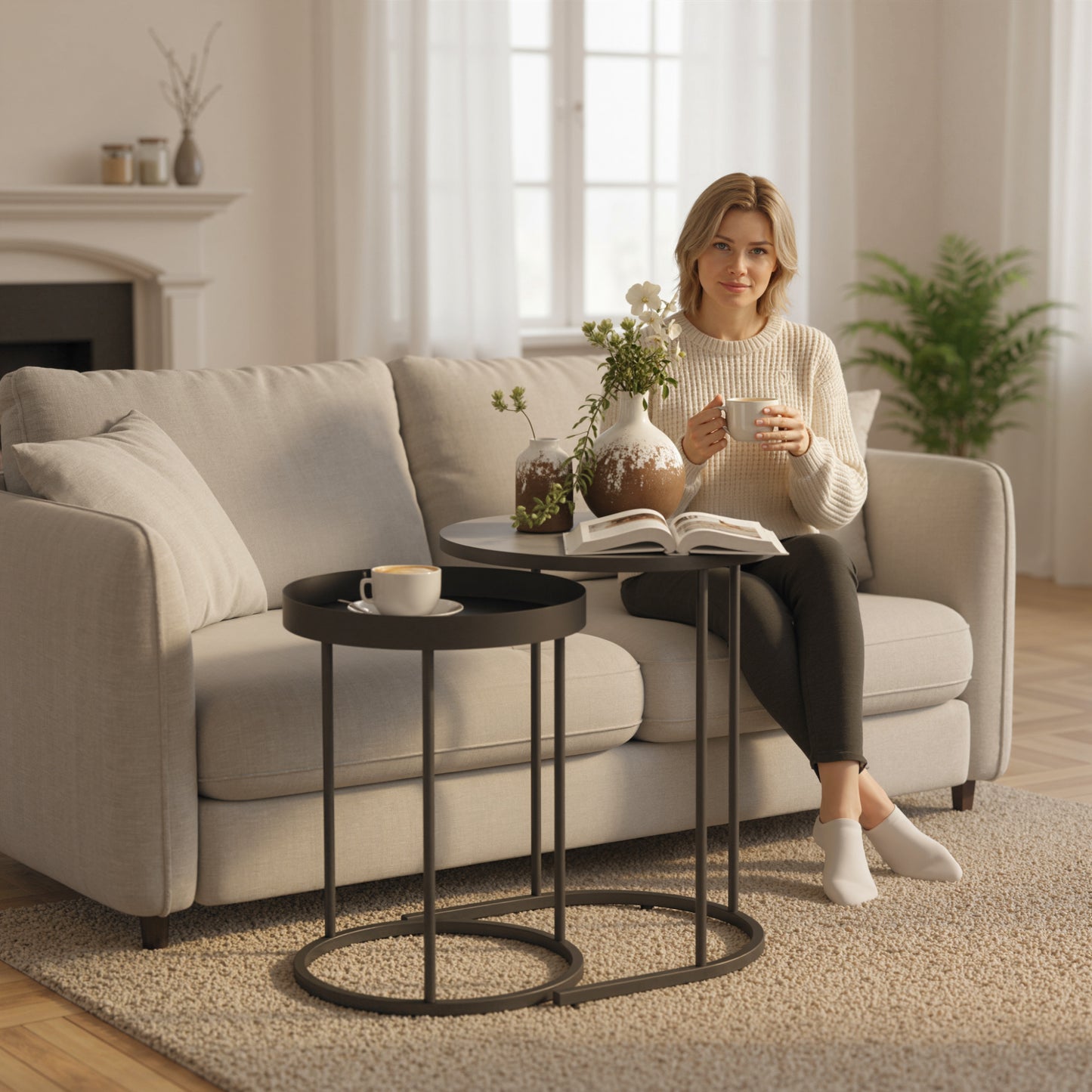 HOMCOM Industrial Nesting Tables Set of Two Grey Finish Small and Large Tables for Space Saving