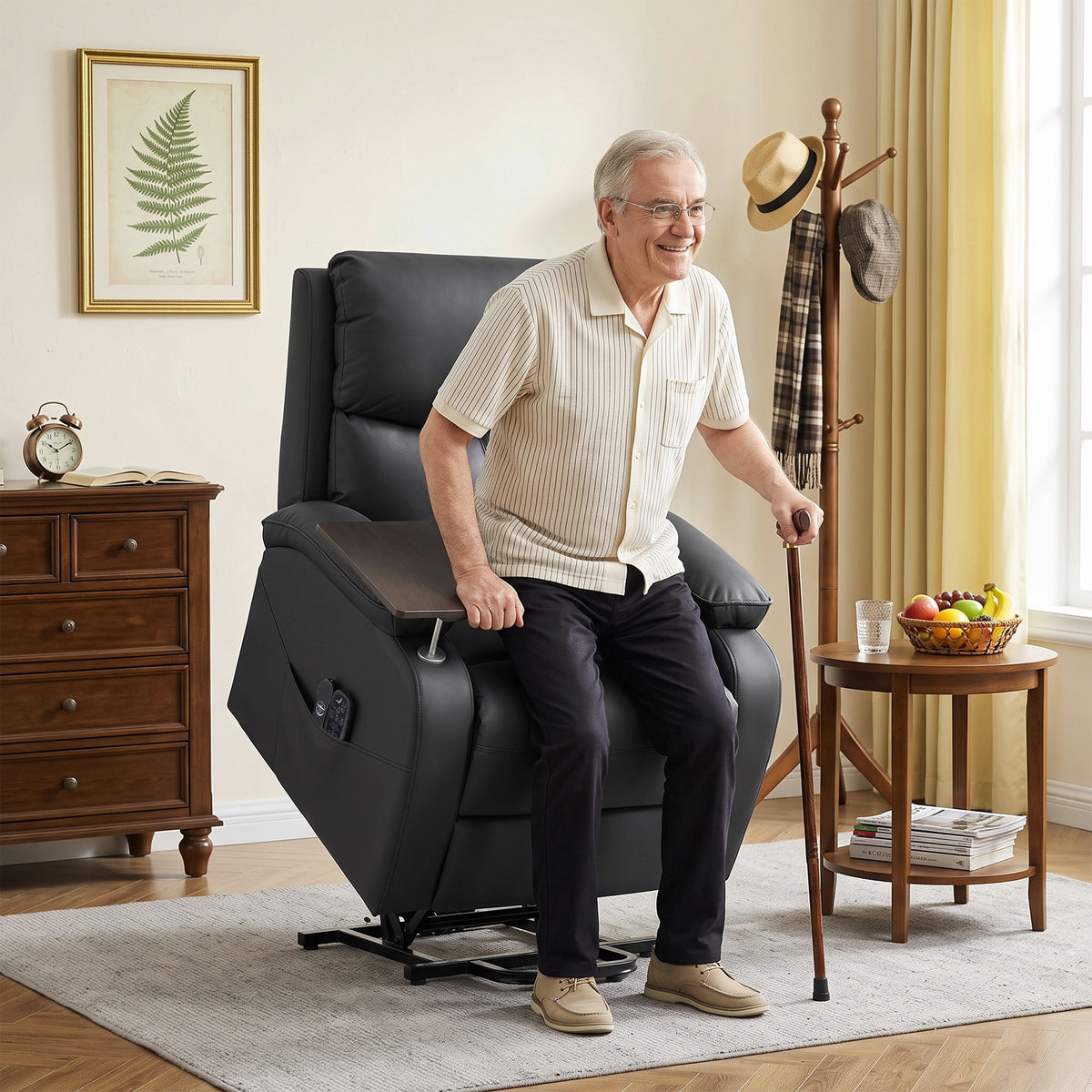 Electric lift recliner chair in dark upholstery with armrest controls and side table