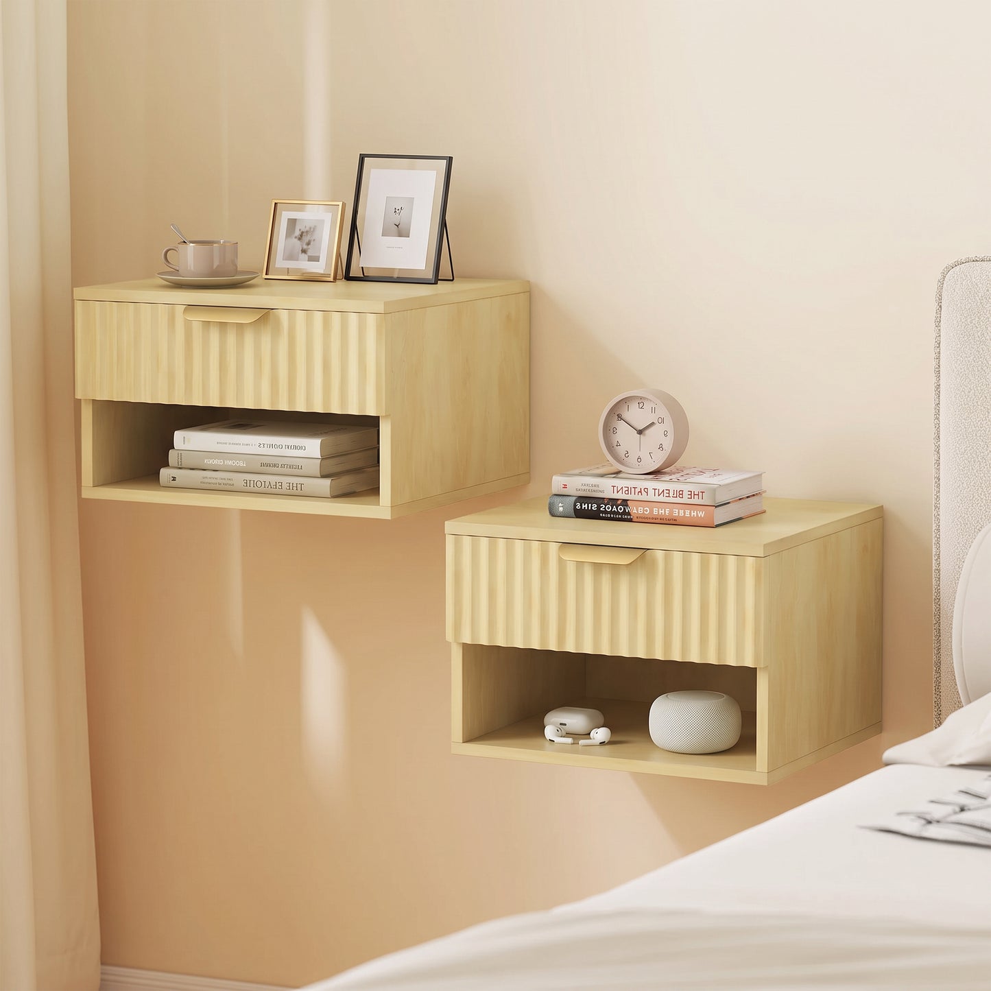 Modern Floating Nightstands Set Of 2 Wall Mounted Fluted Drawer Oak