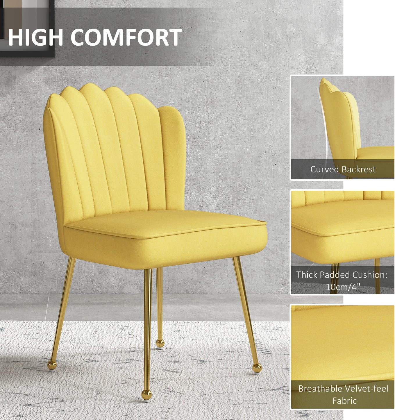 Set Of 2 Velvet-Feel Shell Accent Chairs In Yellow With Gold-Tone Legs For Living Room Decor