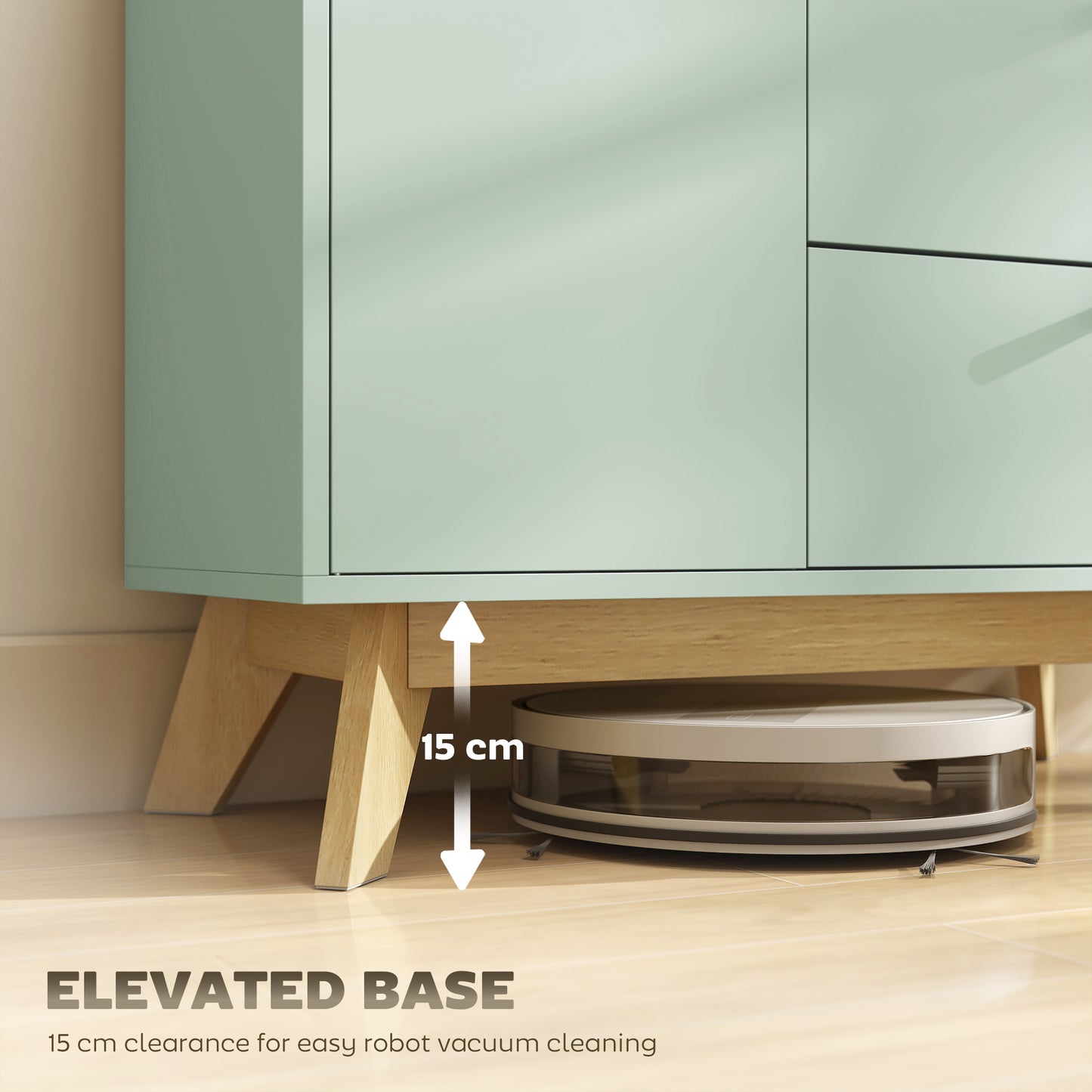 HOMCOM Light Green And Oak Sideboard Storage Cabinet 80 Cm Buffet With 2 Drawers Open Compartment Adjustable Shelf