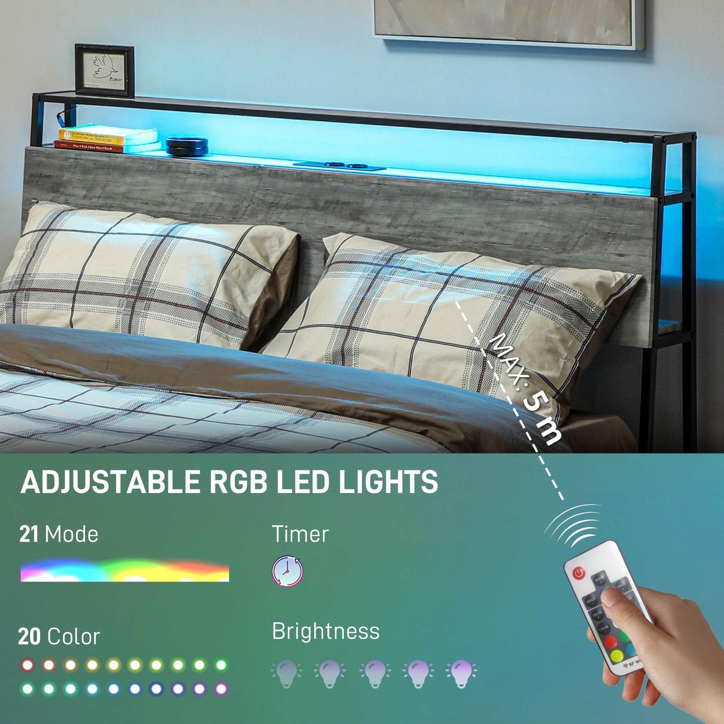 HOMCOM Grey Double Bed Frame with LED Lighting and Tri-Level Headboard Storage - ALL4U RETAILER LTD