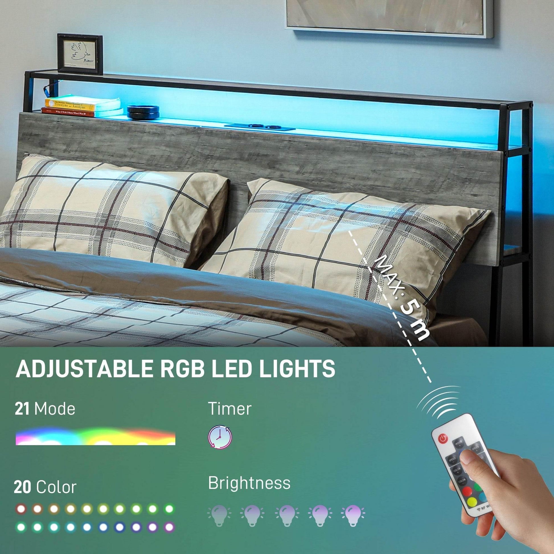 HOMCOM Grey Double Bed Frame with LED Lighting and Tri-Level Headboard Storage - ALL4U RETAILER LTD