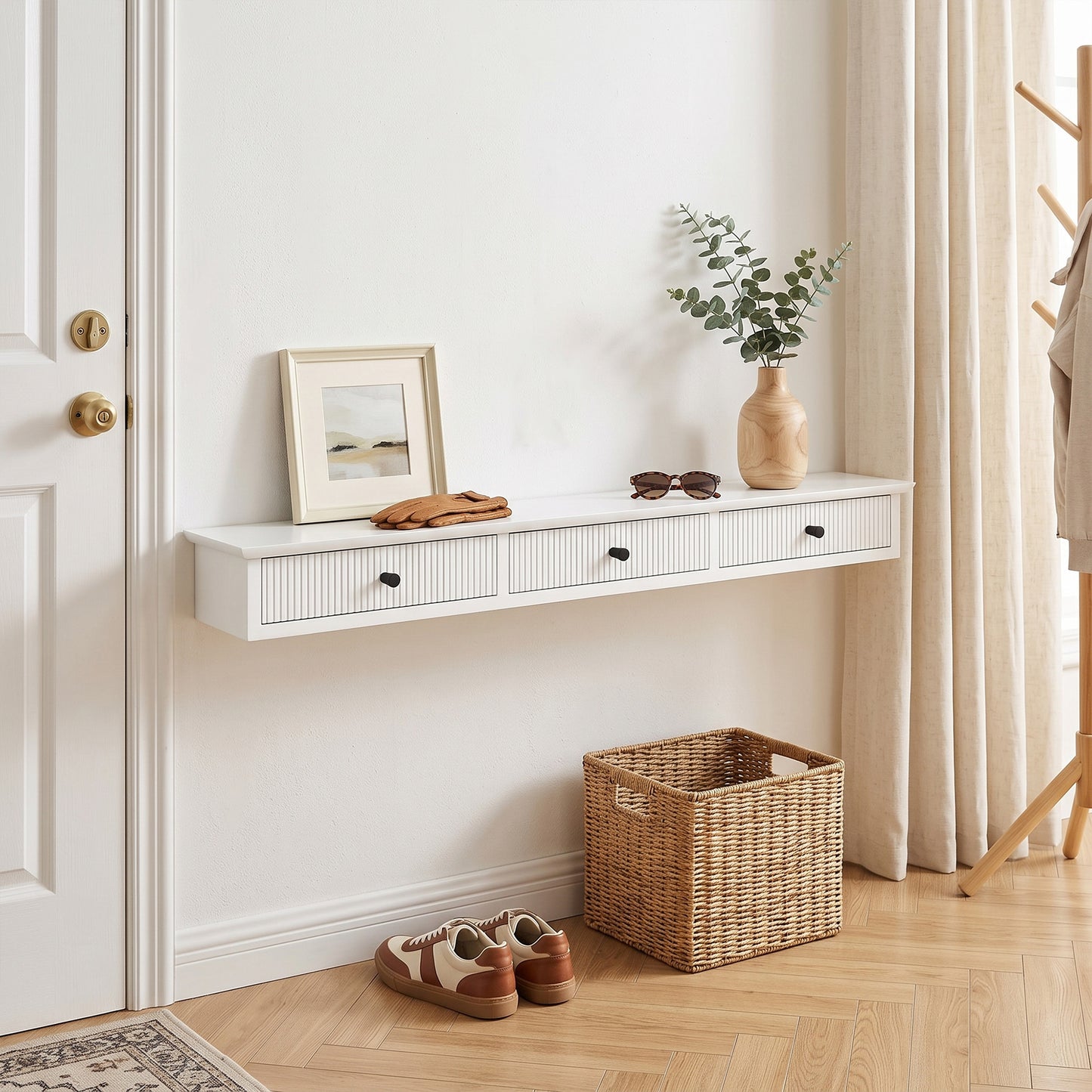 White Wall Mounted Storage Shelf Unit With Drawers MDF