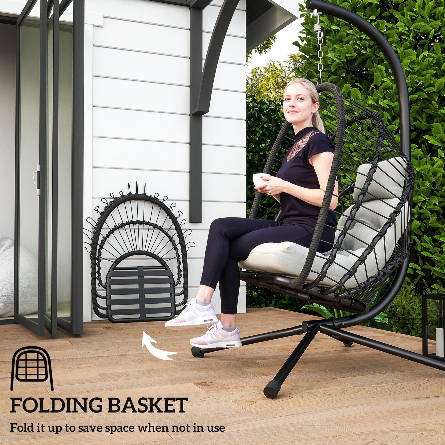 Outsunny Outdoor PE Rattan Egg Chair With Metal Stand Headrest Garden Patio Cushion And Foldable Basket Black