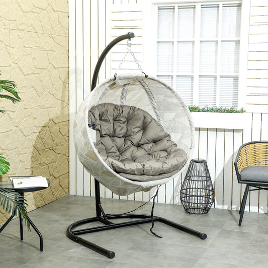 Outsunny Hanging Egg Chair With Stand For Patio Garden Swing Thickened Cushion Cup Holder And Folding Basket Sand Brown