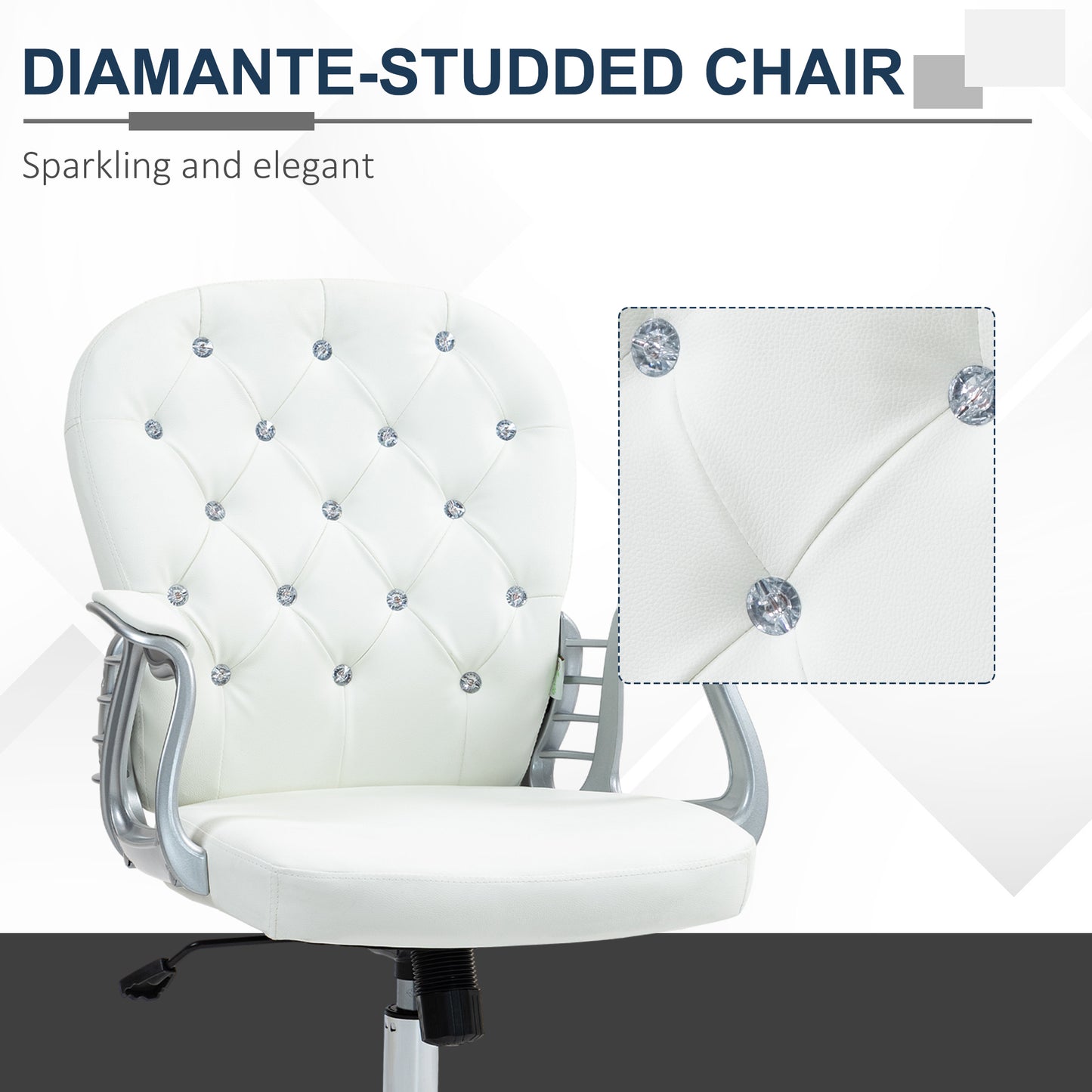 Vinsetto Glamorous Ergonomic Office Chair with Diamante Tufting and 360° Swivel - White PU Upholstery - ALL4U RETAILER LTD