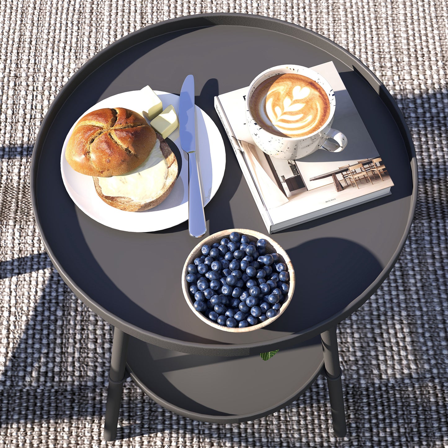 Outsunny Two Tier Round Metal Garden Table Outdoor Indoor Weather Resistant Black Finish