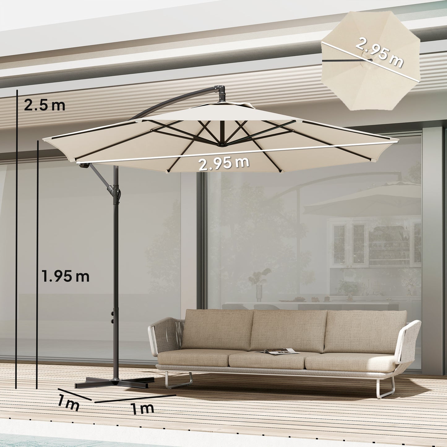 Outsunny 3 m Overhanging Cantilever Parasol With Cross Base Cream White UV Resistant Patio Umbrella