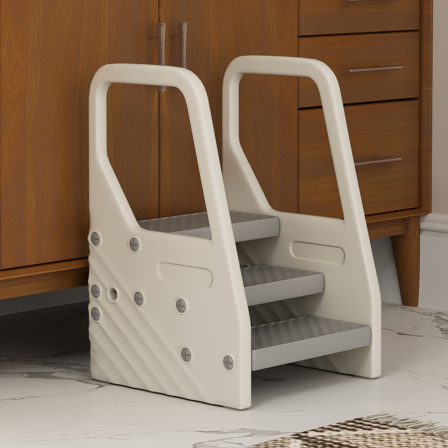 AIYAPLAY Adjustable 3 Step Toddler Tower With Handles Non Slip Surface And Foot Pads Grey