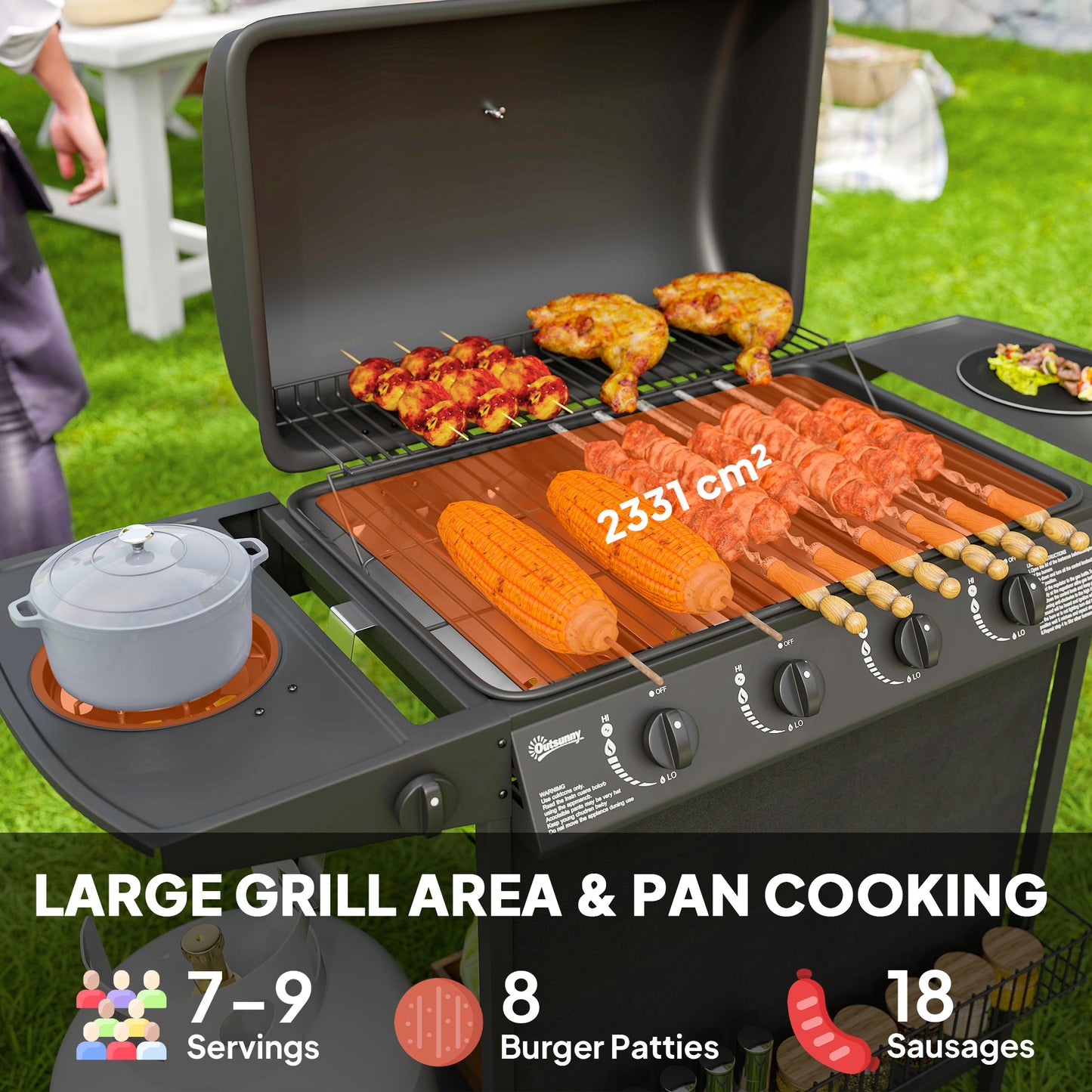 Outsunny Portable Gas BBQ Grill With Built In Thermometer Lid Side Table Shelf Spice Rack Wheels Grease Cup Black