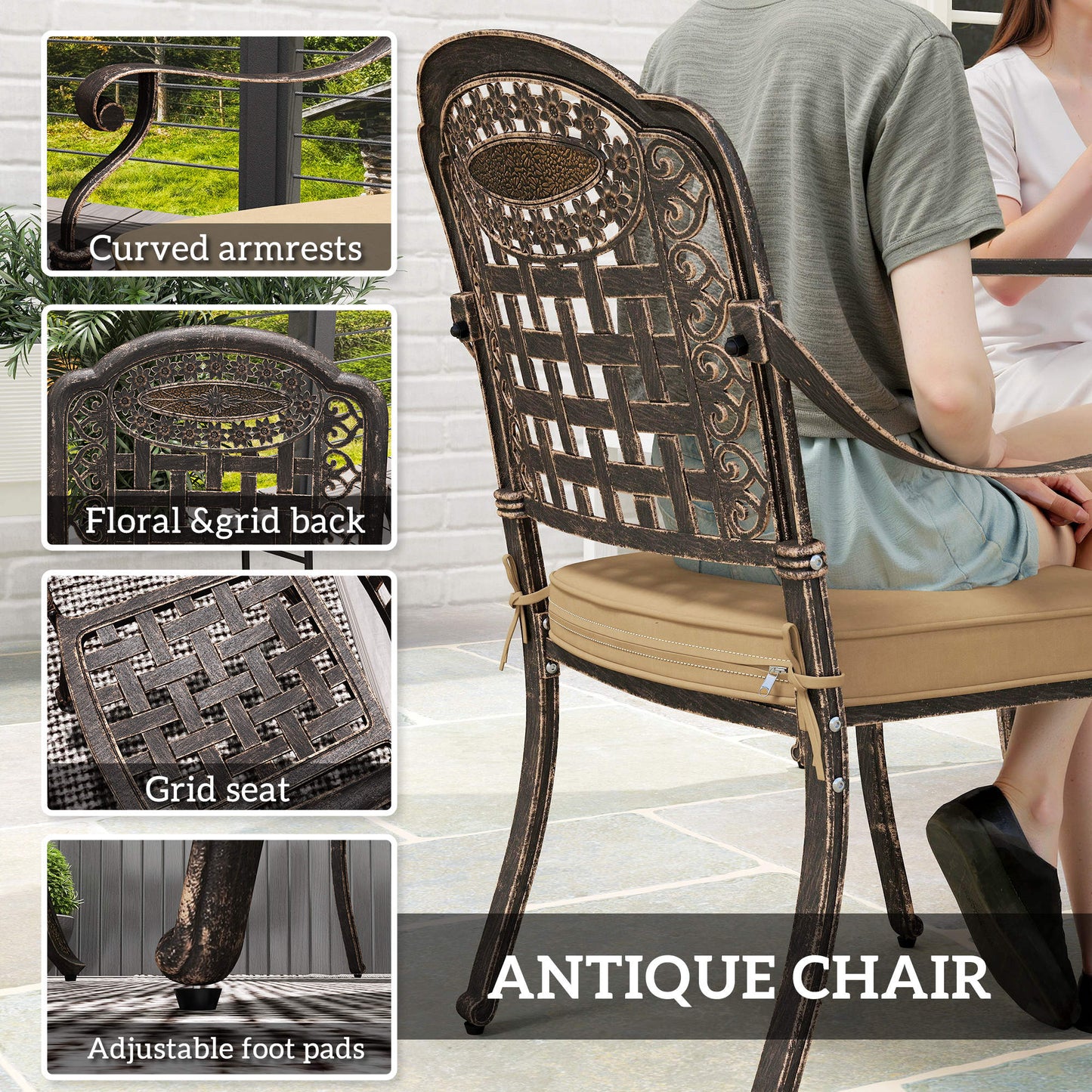 Outsunny Five Piece Cast Aluminium Garden Dining Set Bronze Tone With Square Table And Floral Grid Cutouts