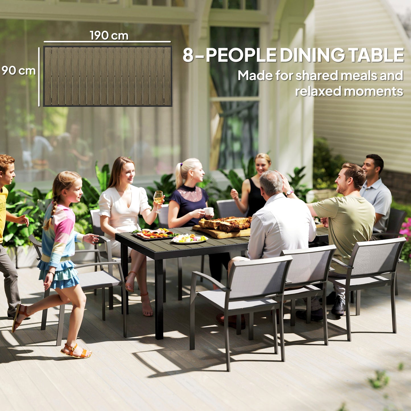 Outsunny Aluminium Outdoor Dining Table For 8 With Faux Wood Top Water Resistant Garden Patio Brown 190 x 90 x 74 cm