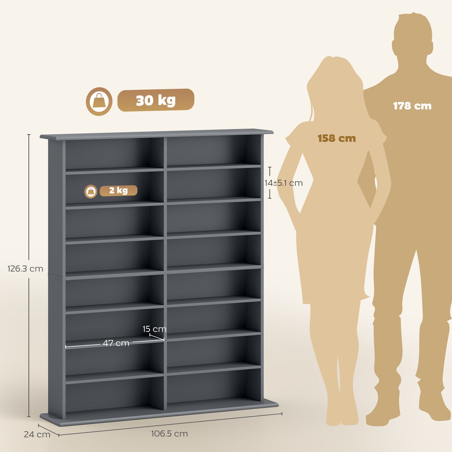 HOMCOM 16 Compartment Media Shelf Grey With 12 Adjustable Shelves Holds 720 CDs 396 DVDs Or Blu Rays Anti Tip Straps