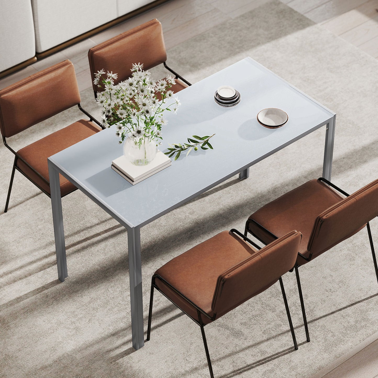 HOMCOM 120cm Dining Table Rectangle 4 Seater Kitchen Table With Tempered Glass Top And Metal Legs Grey