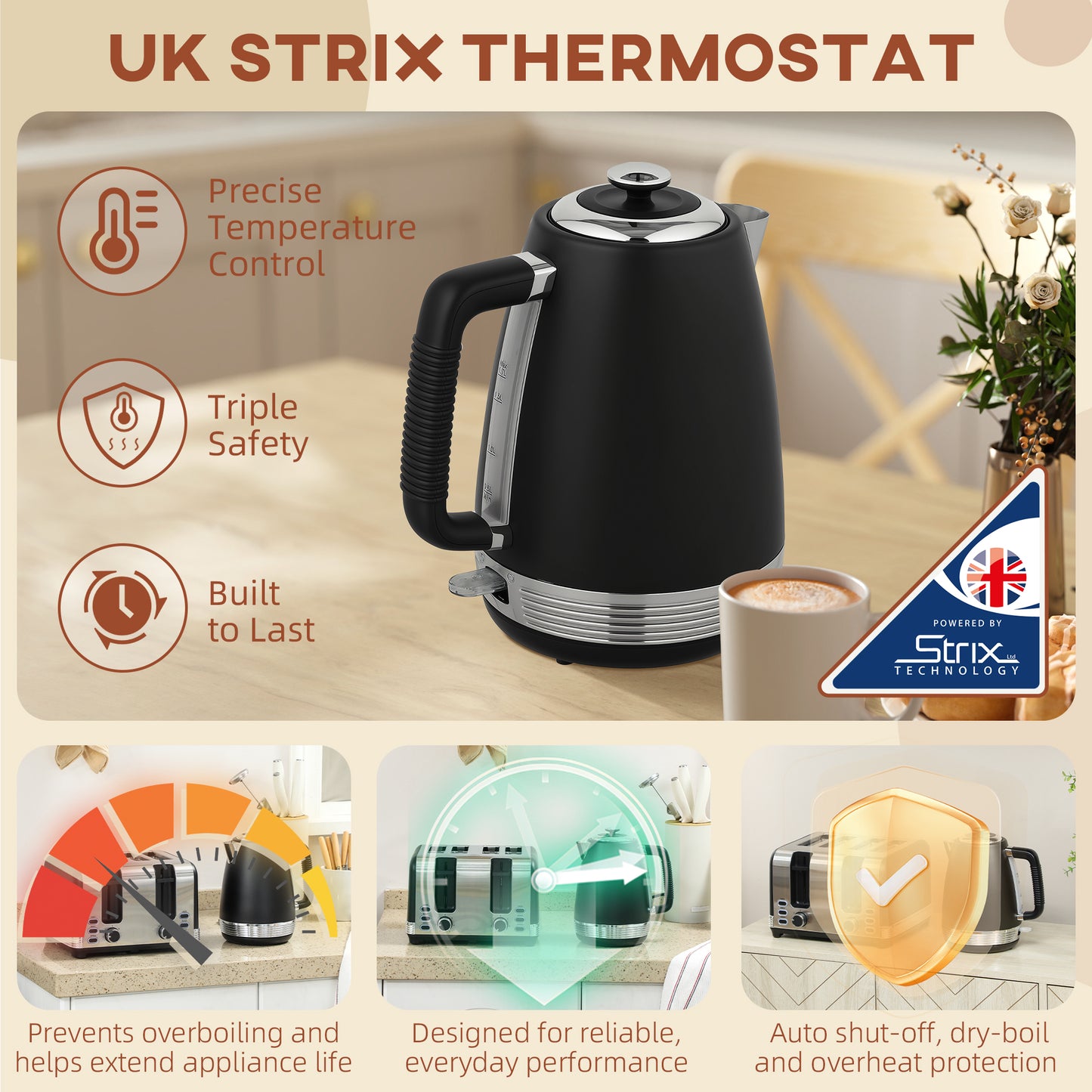 HOMCOM Stainless Steel Panel Kettle And Four Slot Toaster Set Black With 1.7L Kettle UK Strix Thermostat Auto Shut Off