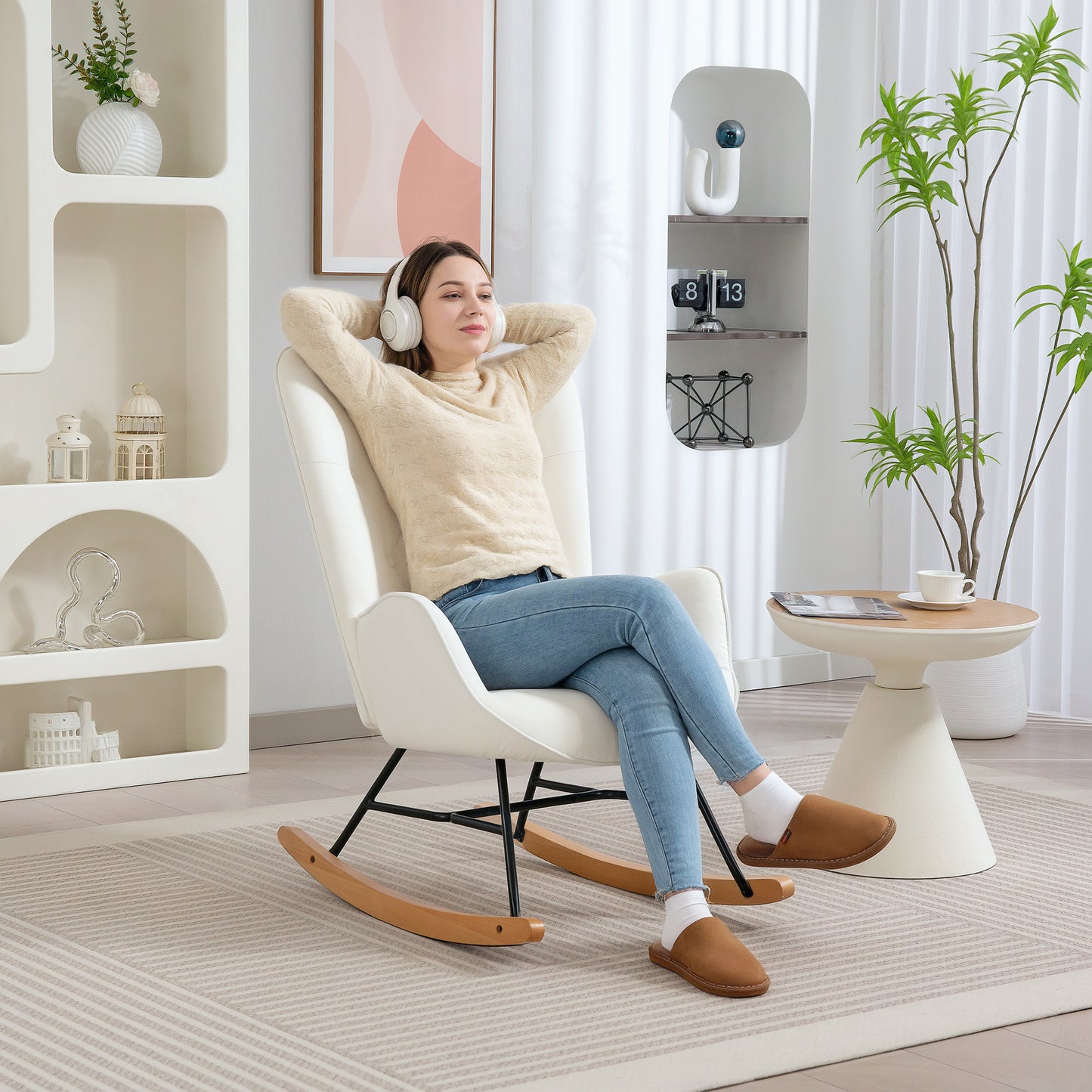 HOMCOM Velvet Rocking Chair Armchair With Solid Wood Legs And Metal Frame Cream Living Room Bedroom