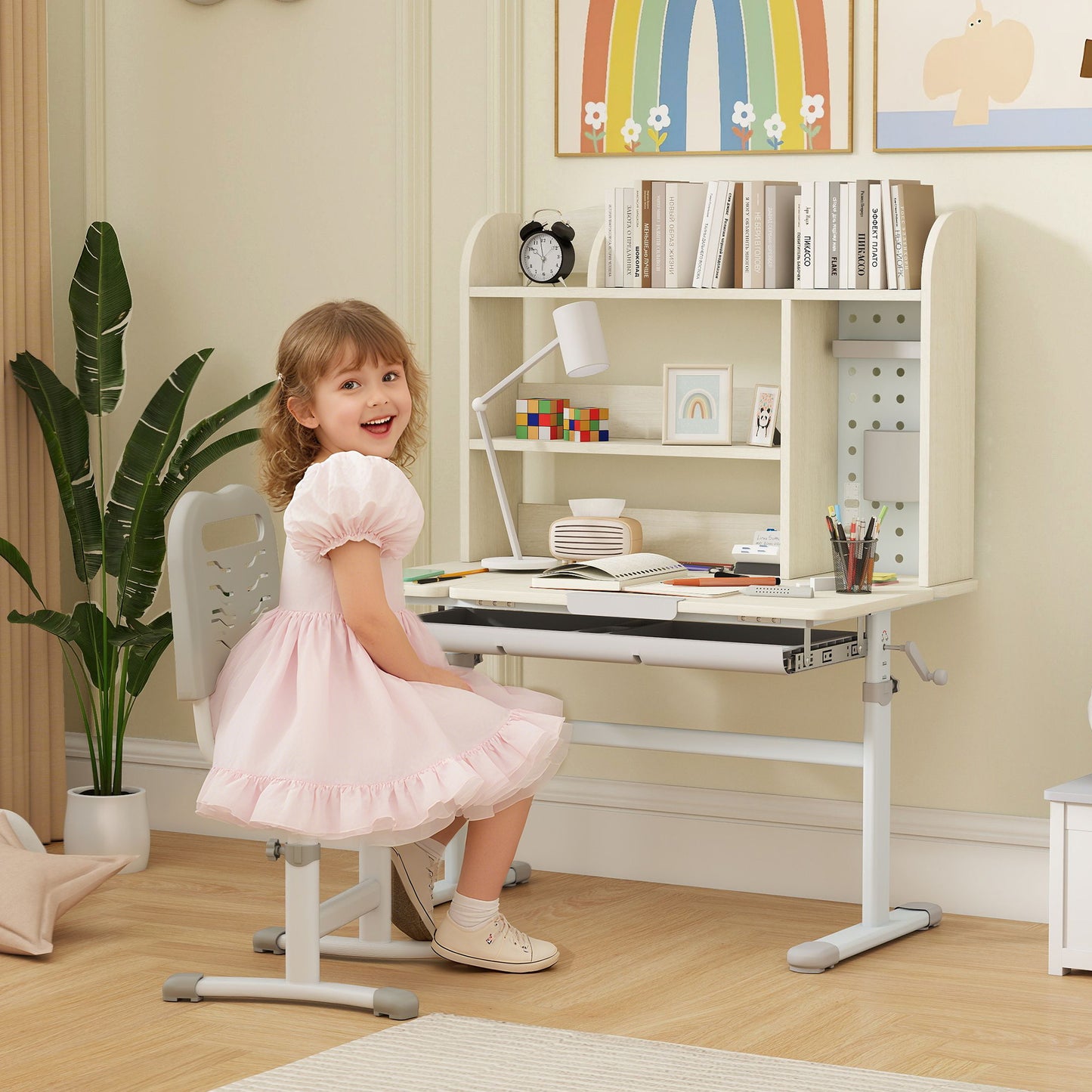 AIYAPLAY Kids Desk Height Adjustable Tilt Desktop With Hutch Drawer Storage Shelf Pegboard For Ages 3 To 12