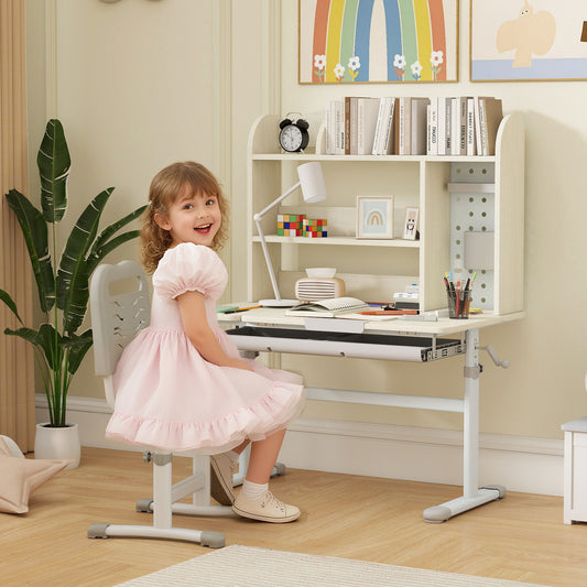 AIYAPLAY Kids Desk Height Adjustable Tilt Desktop With Hutch Drawer Storage Shelf Pegboard For Ages 3 To 12