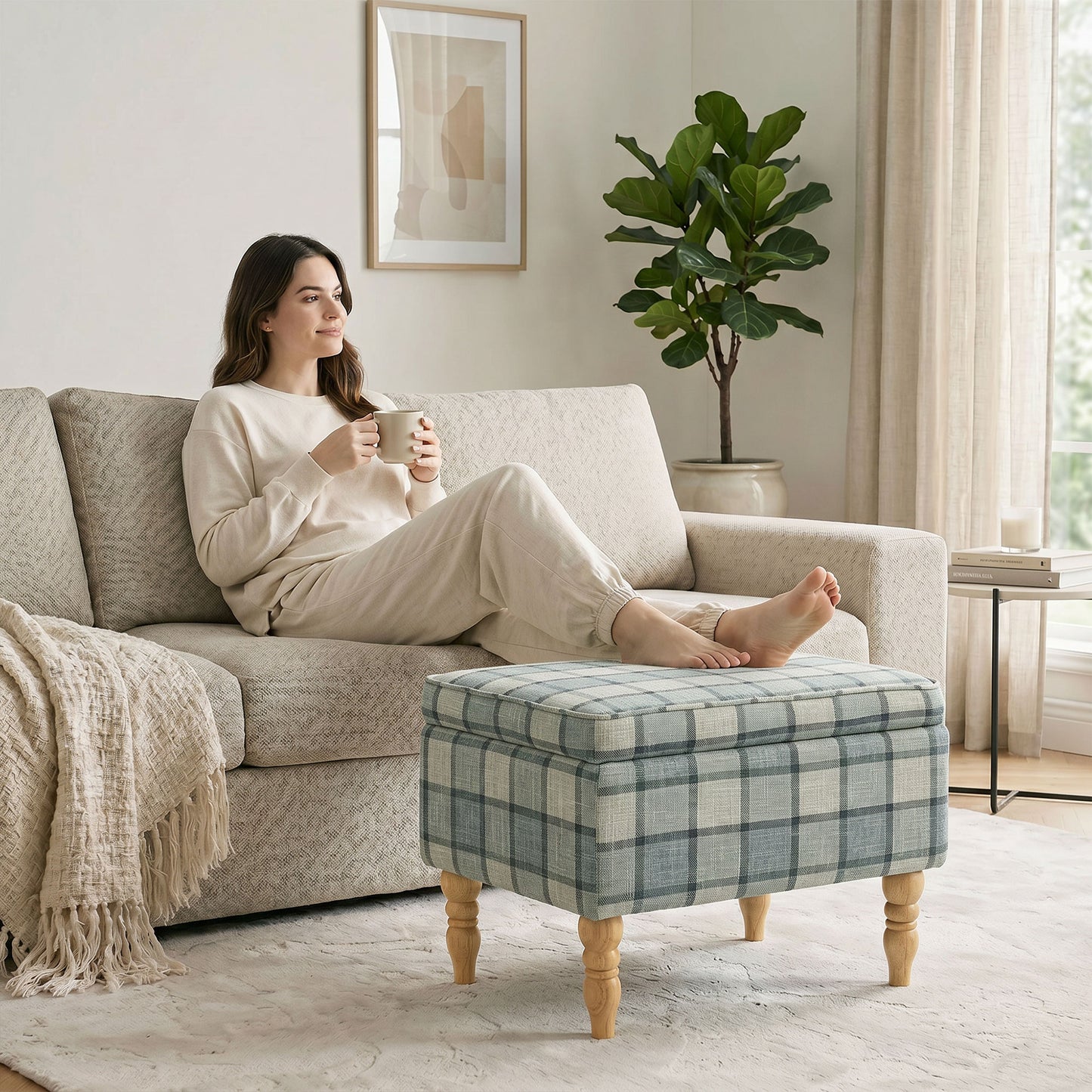 Homcom Linen Fabric Upholstered Storage Ottoman With Removable Top And Hidden Space Grey