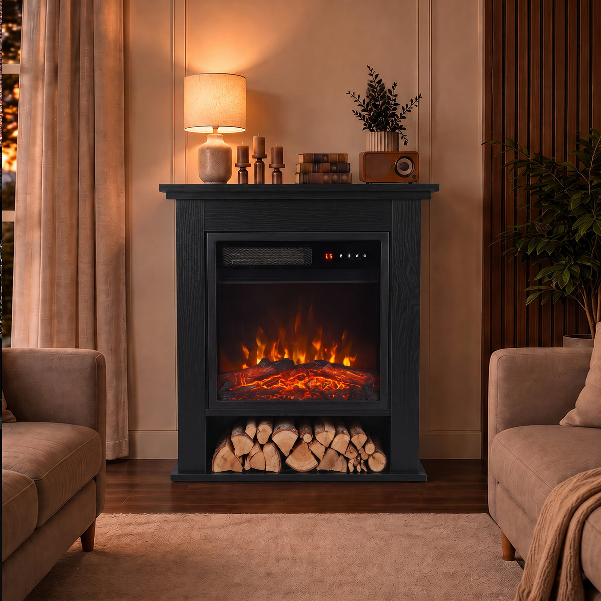 Black electric fireplace suite with LED flame window and open shelf of firewood logs