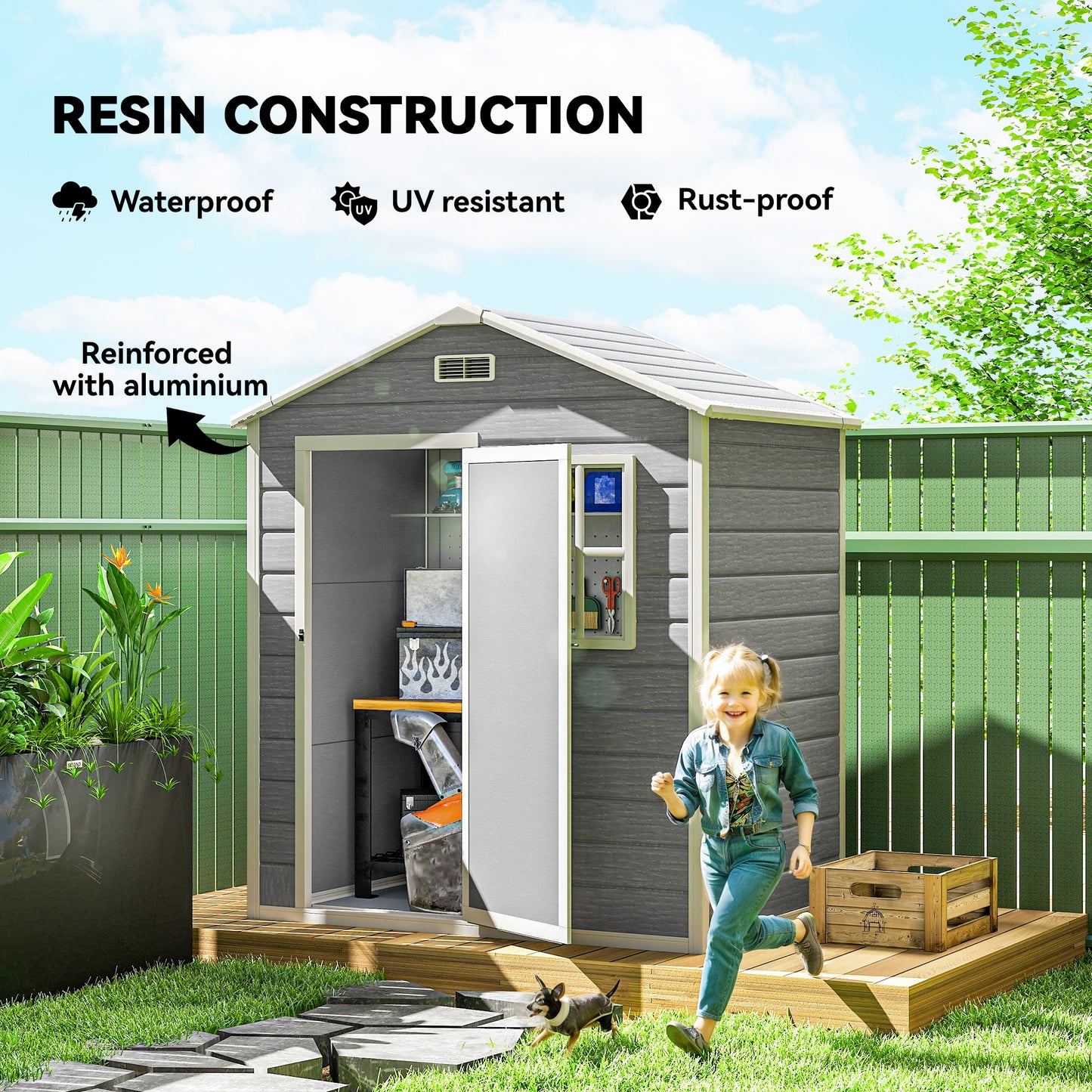 Outsunny 6 x 4ft Plastic Shed With Floor Wood Effect Resin Garden Shed With Window Lockable Door Vents All Weather Grey
