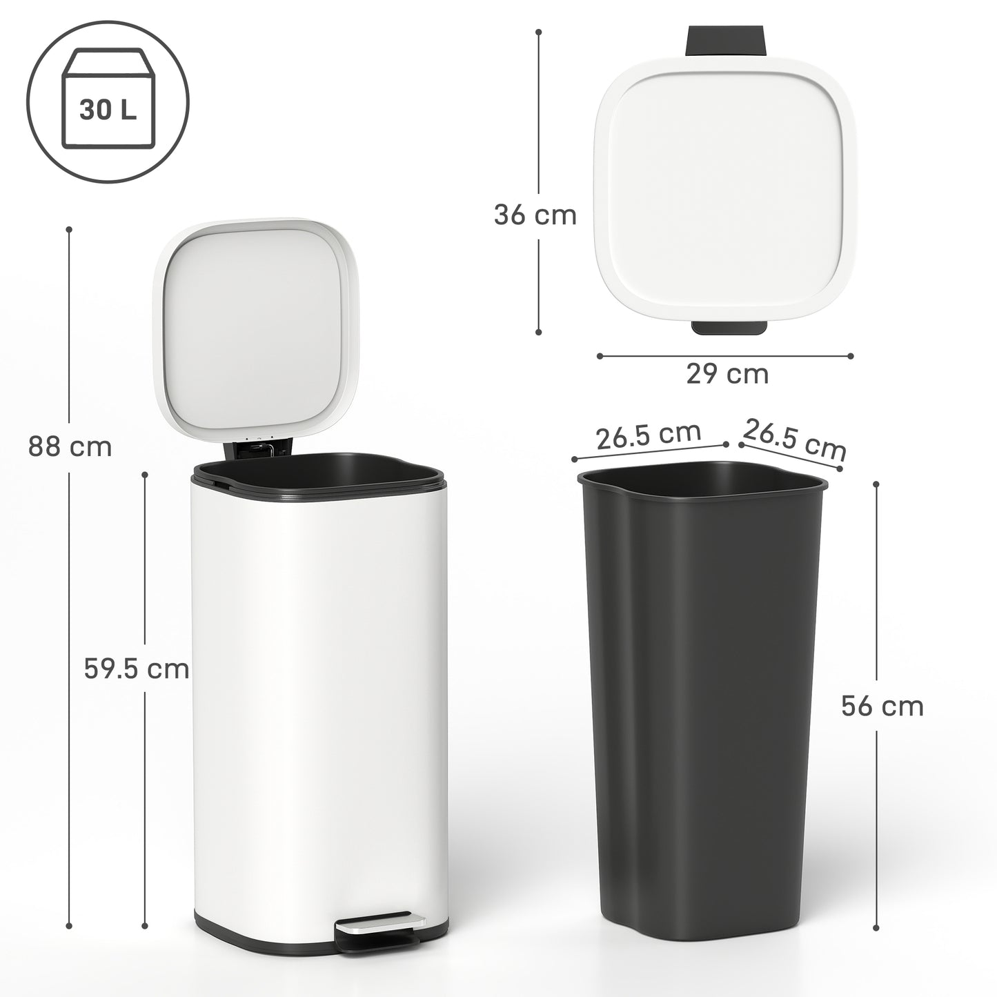 HOMCOM 30L Kitchen Bin With Soft Close And Stay Open Lid Removable Bucket Cream Finish