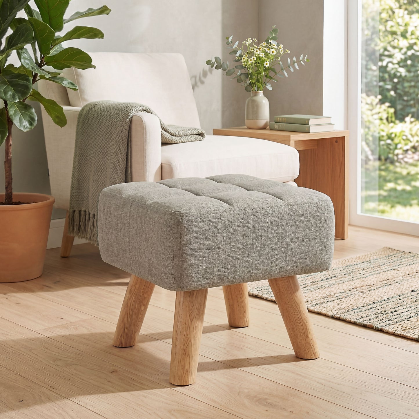 HOMCOM Linen Look Square Padded Footstool With Tufted Top And Wooden Legs Light Brown
