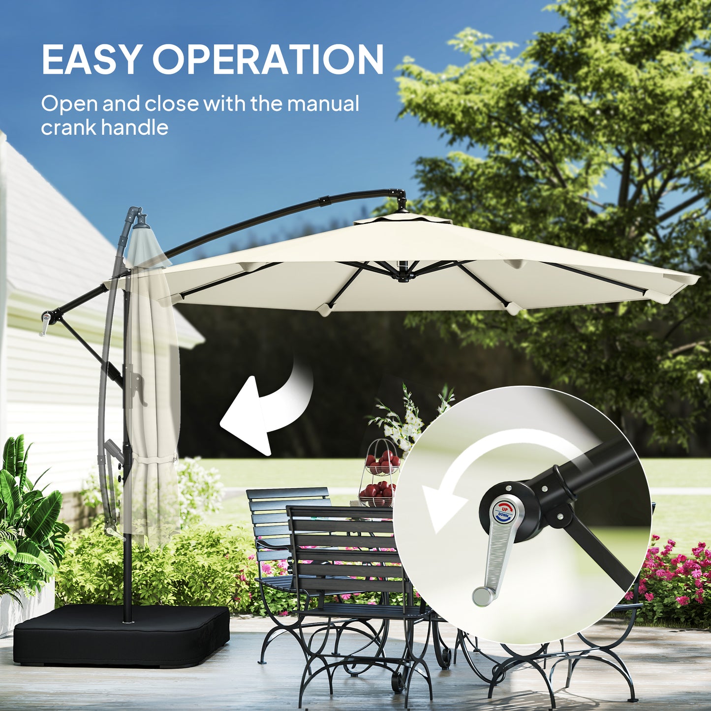 Outsunny 3m Cantilever Parasol With Cross Base And Sandbag 360 Degree Rotating Overhanging Arm Cream White