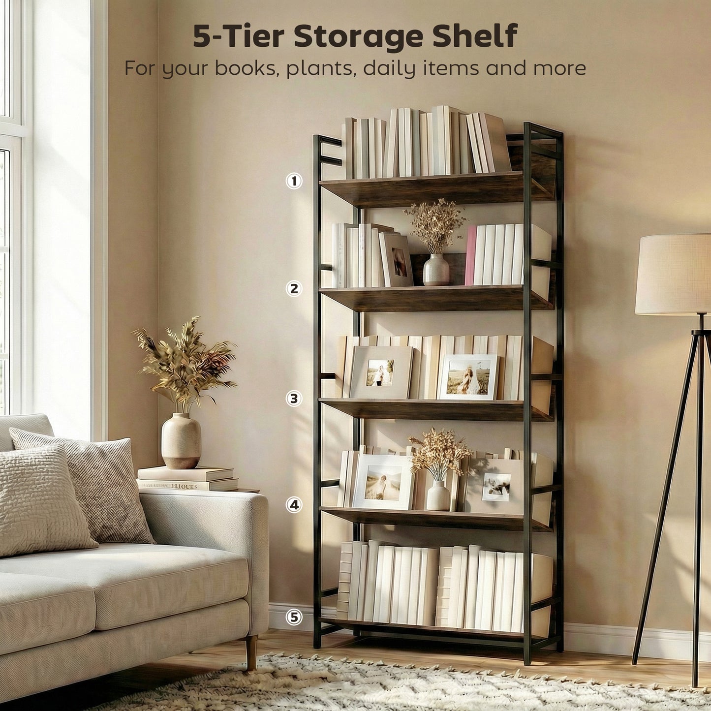 HOMCOM 5 Tier Metal Frame Bookshelf Room Divider With Storage Shelves Rustic Brown For Living Room