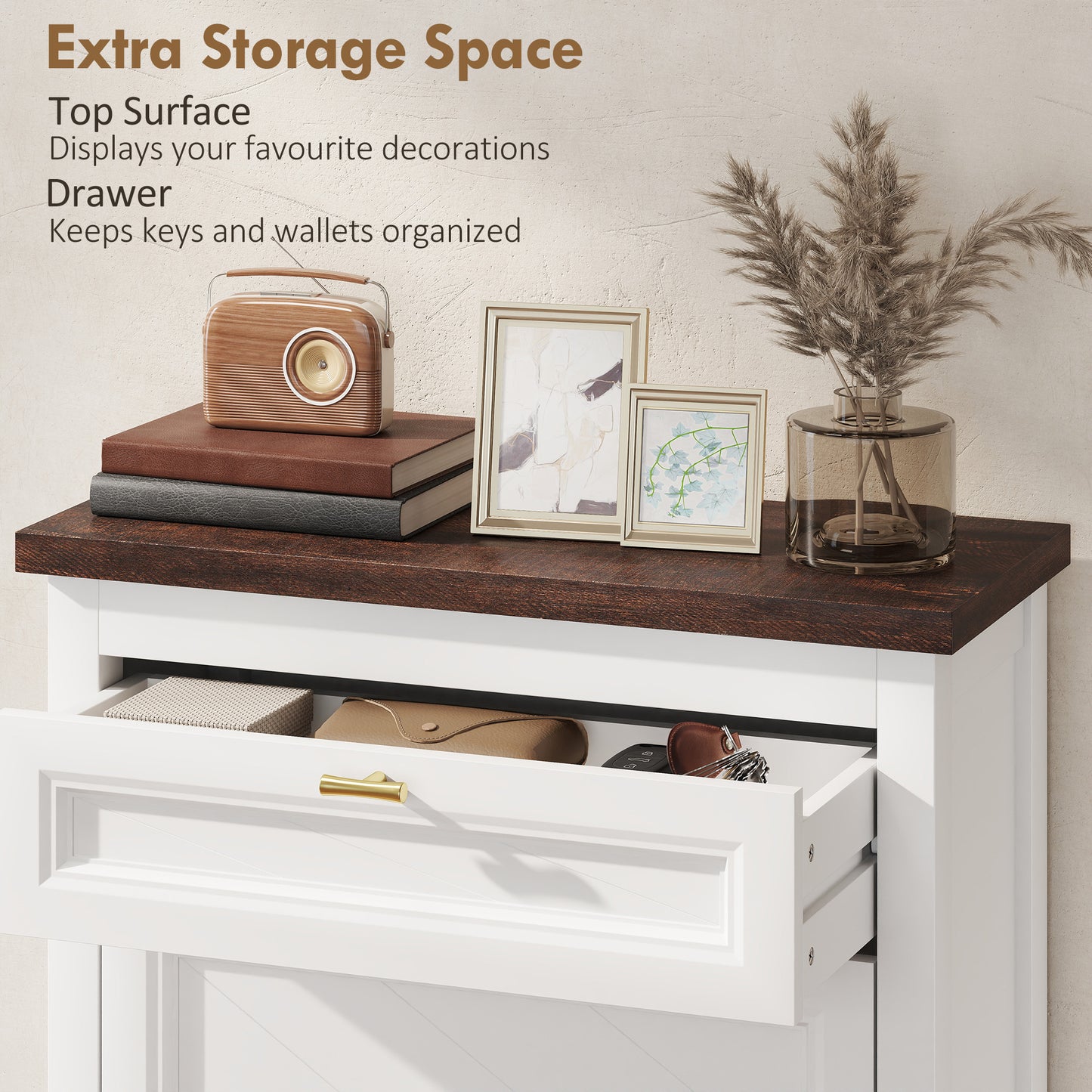 HOMCOM Farmhouse Narrow Shoe Storage Cabinet With 2 Flip Drawers And Adjustable Shelves White