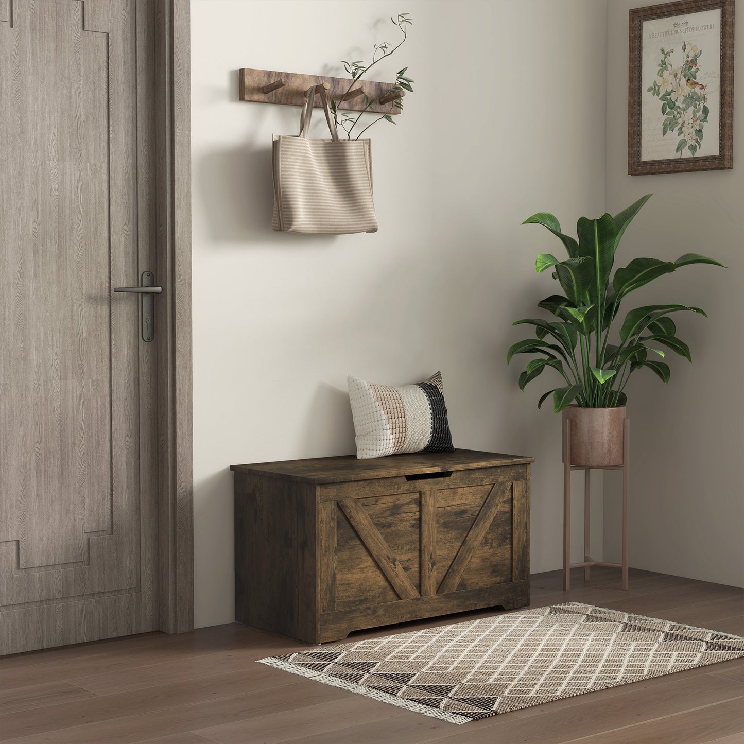 HOMCOM 100L Rustic Brown Storage Ottoman With Safety Hinges And Flat Lid For Seating
