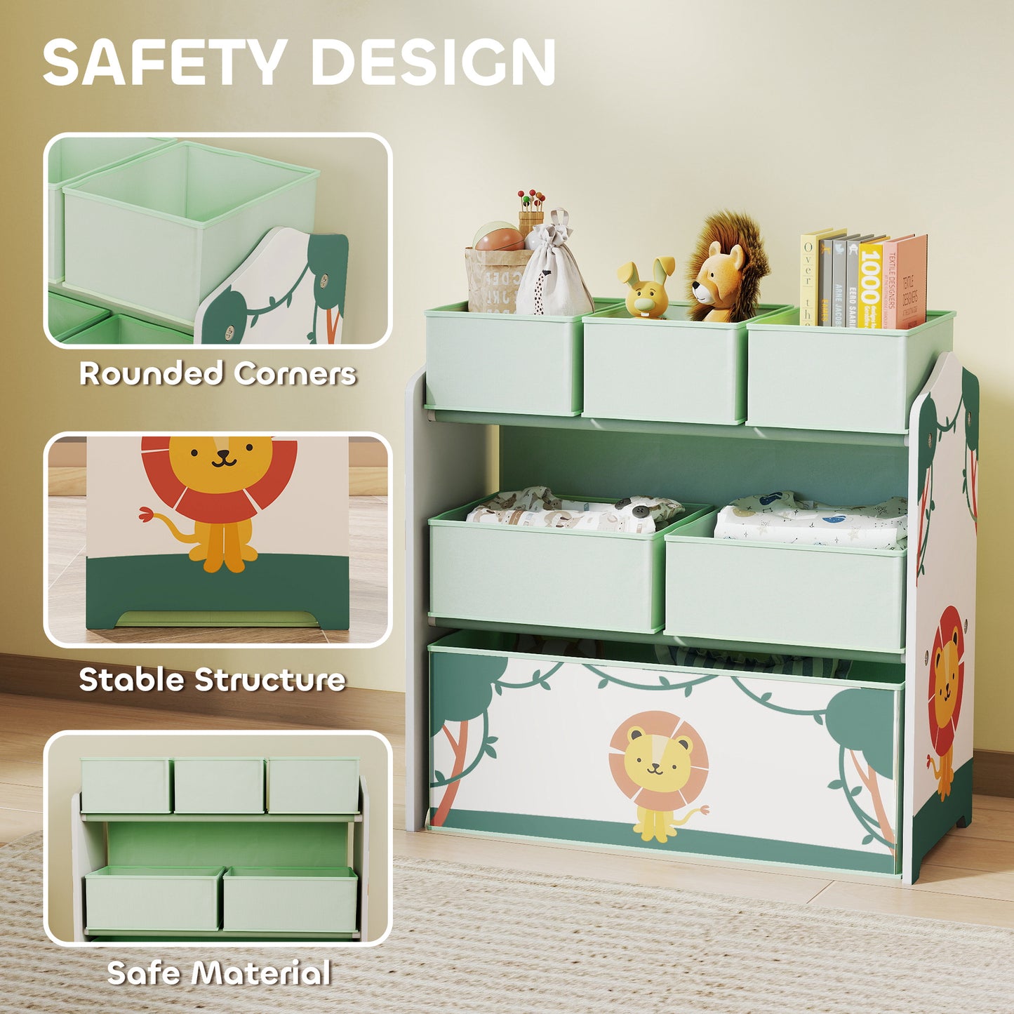 AIYAPLAY 3 Tier Kids Toy Storage Units With Six Removable Boxes Toy Organizer Shelf For Bedroom And Playroom Green