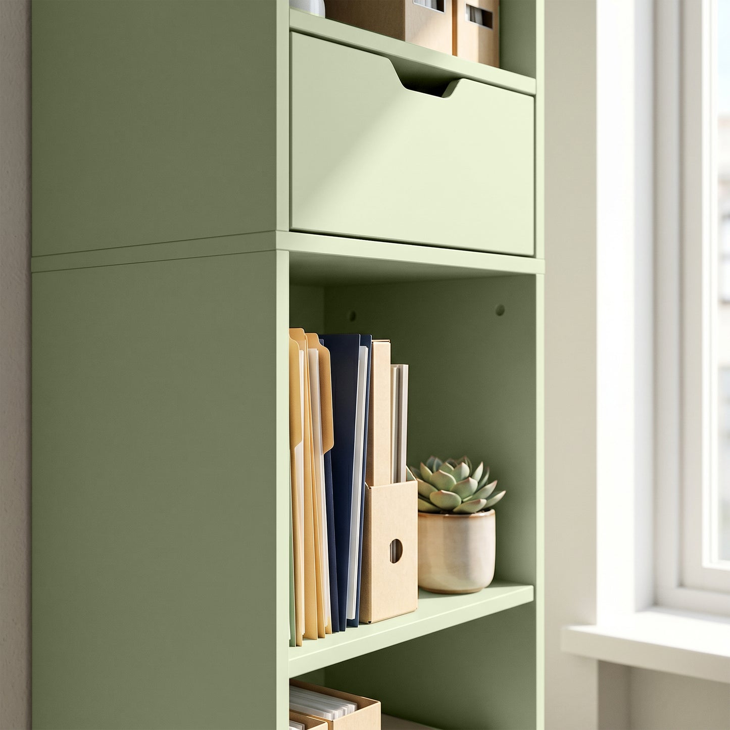 HOMCOM Six Tier Tall Narrow Bookcase With Drawer And Door Green For Clutter Free Living Room Home Office Storage